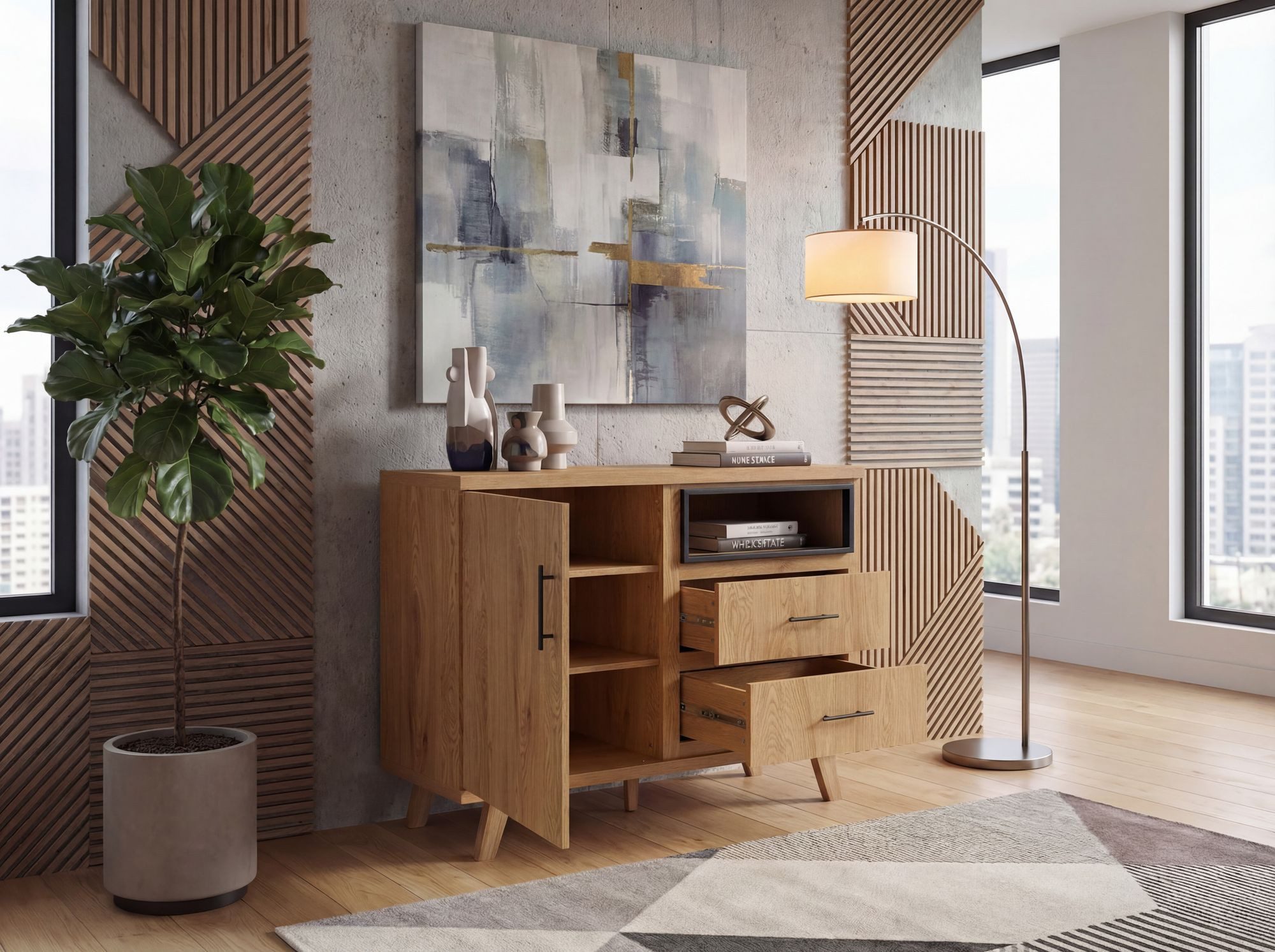 FINEBUY Sideboard FB117897 Kommode Eiche Dekor 116cm Standschrank Anrichte Flurschrank (Praktisches Flurmöbel mit zwei Schubladen), Heller Schrank mit einem offenen Fach
