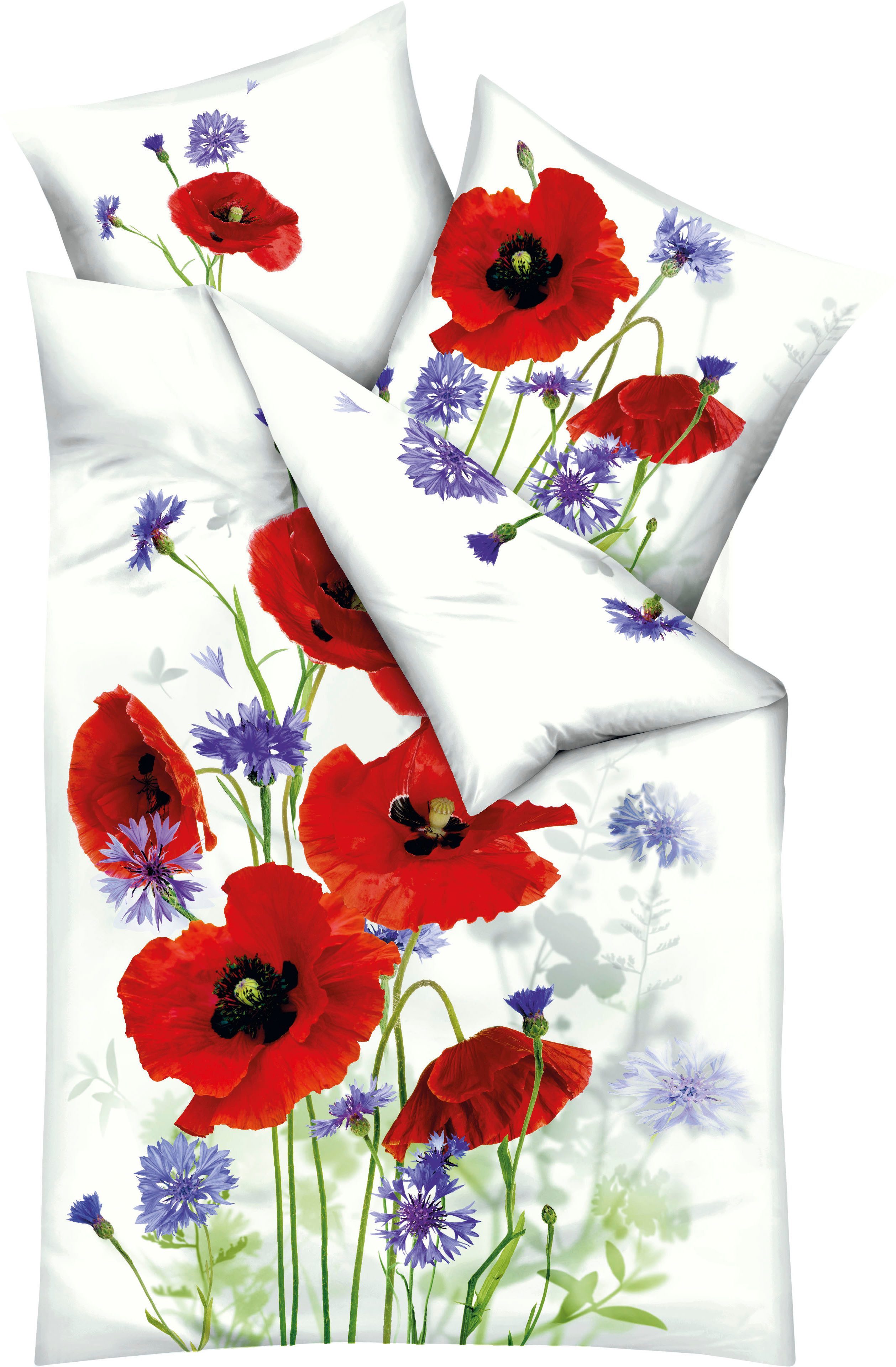 Bettwäsche Red and Blue, Kaeppel, Mako-Satin, 2 teilig, Mit großen Mohnblumen