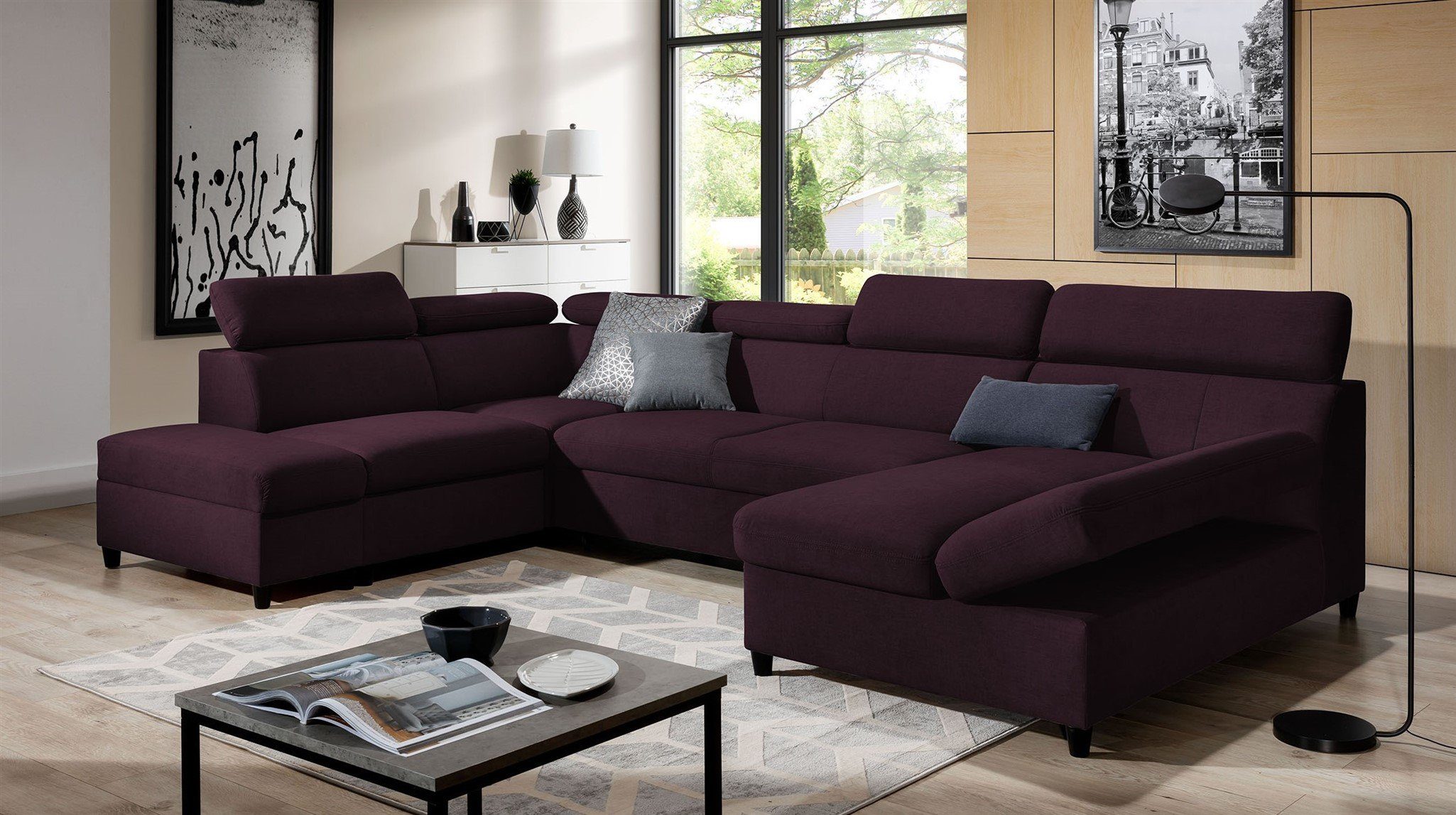 Fun Möbel Wohnlandschaft Schlafsofa Sofa ANTON in Stoff Esito, Inkl. 3 x Bettkasten und Schlaffunktion, Rundumbezug Violett