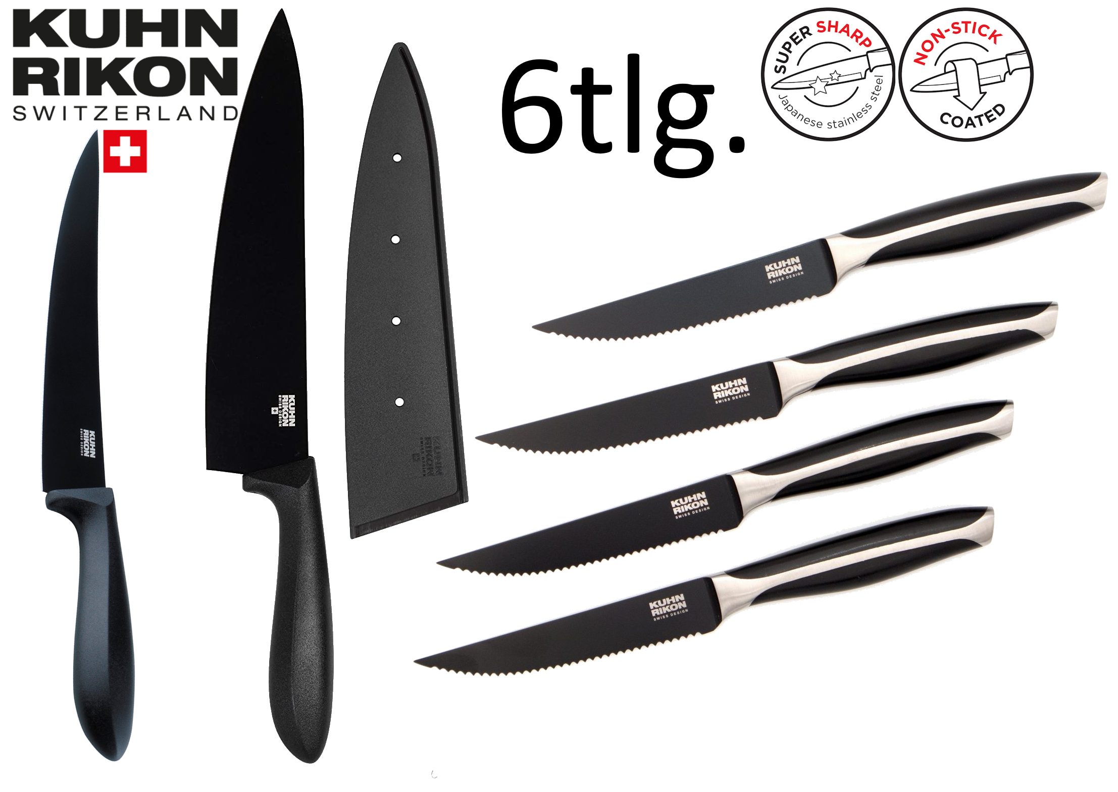 KUHN RIKON Ножи-Set Поварские ножи + Разделочный нож + 4 Steakmesser inkl. Holzbox) (6-tlg., Profi, Langlebig, Schweizer Qualität), Antihaftbeschichtet sehr Scharfer Japanischer Edelstahl
