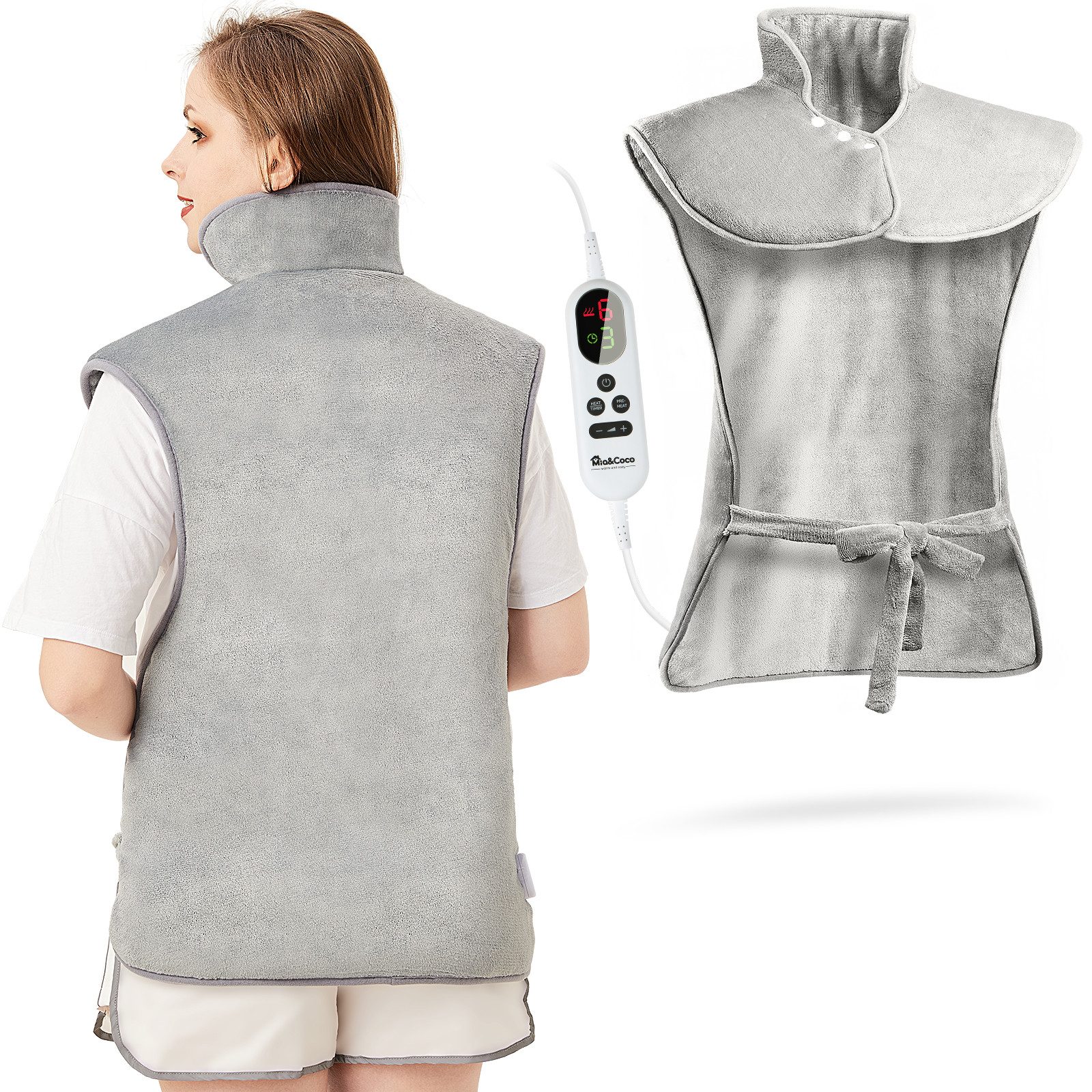 Mia&Coco Heizmatten Heizkissen für Rücken Schulter Nacken 60x100cm, Wärmekissen mit Abschaltautomatik, Schnelle Erwärmung, mit Taillenriemen, Rückenwärmer 6 Heizstufen, Auto-OFF-Timer, Flanellmaterial, Waschbar, Grau