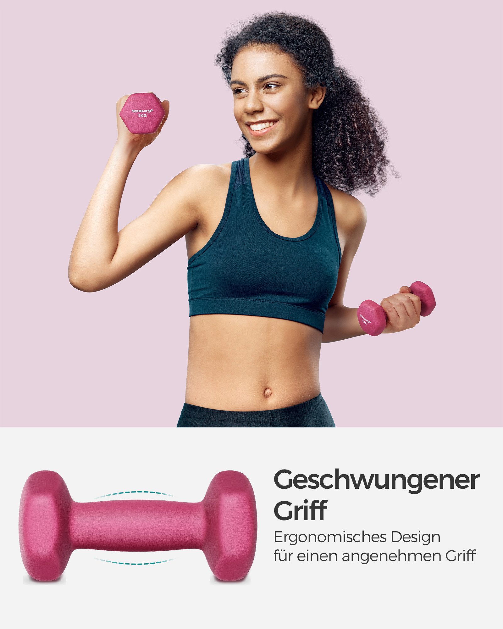 SONGMICS Kurzhantel Hanteln, 5 Gewichtsklasse, (2er Set Neopren-Beschichtung, Hantelset, Kurzhanteln, Hexagon), 2 x 1 kg, Krafttraining, Workout, Fitnesstraining, für Zuhause