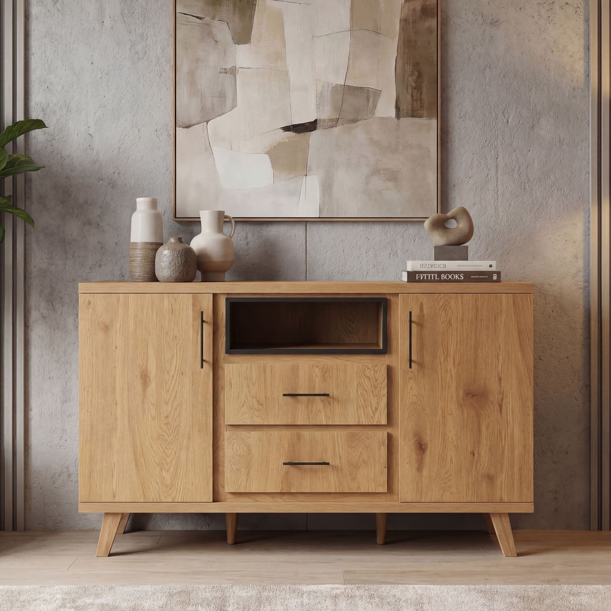 FINEBUY Sideboard FB117895 Kommode Eiche Dekor 150cm Standschrank Anrichte Flurschrank (Breites Aufbewahrungsmöbel für deine Utensilien), Heller Schrank mit viel Stauraum
