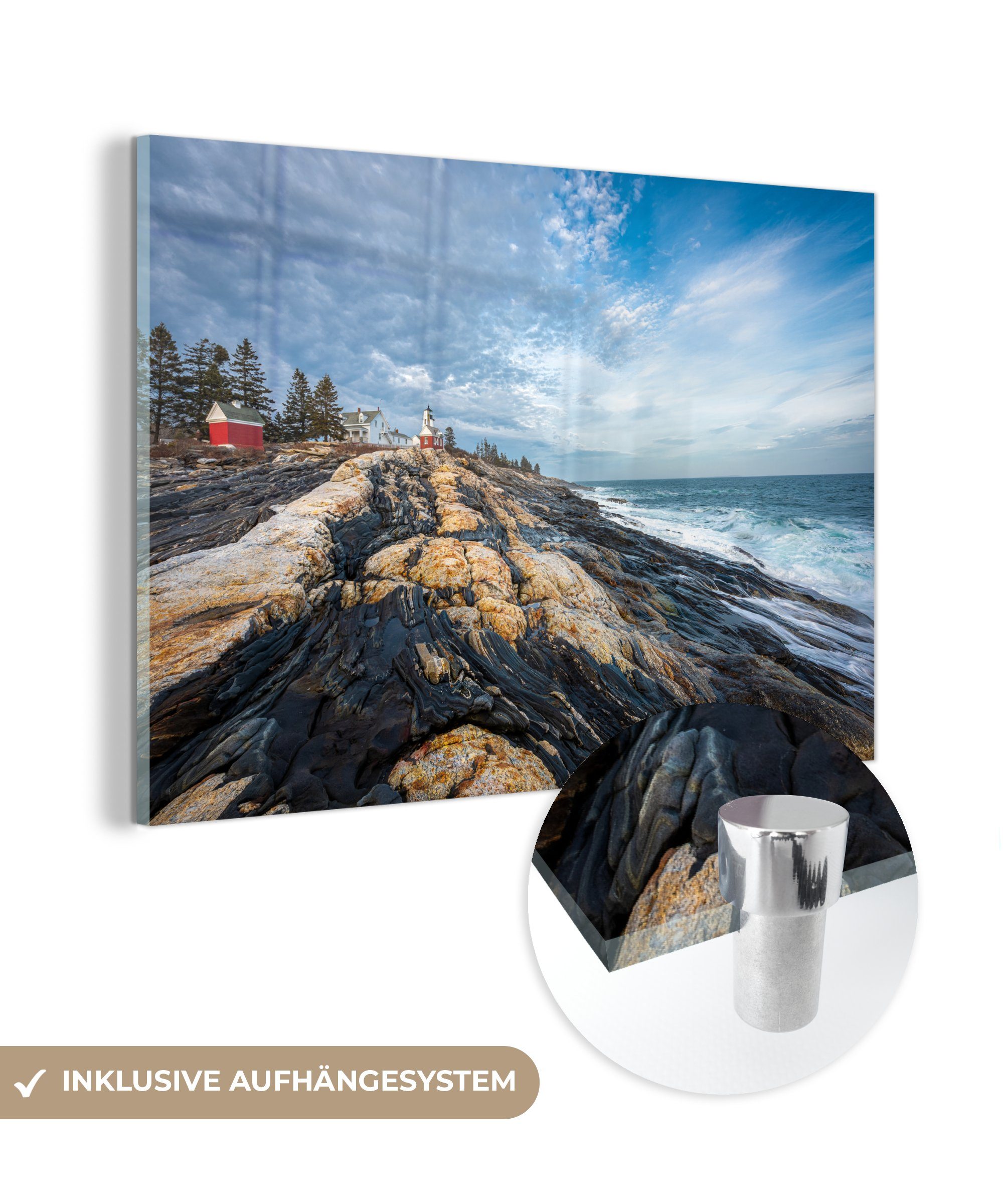 MuchoWow Acrylglasbild Leuchtturm auf Felsen in Maine, (1 St), Acrylglasbilder Wohnzimmer & Schlafzimmer | Bilder