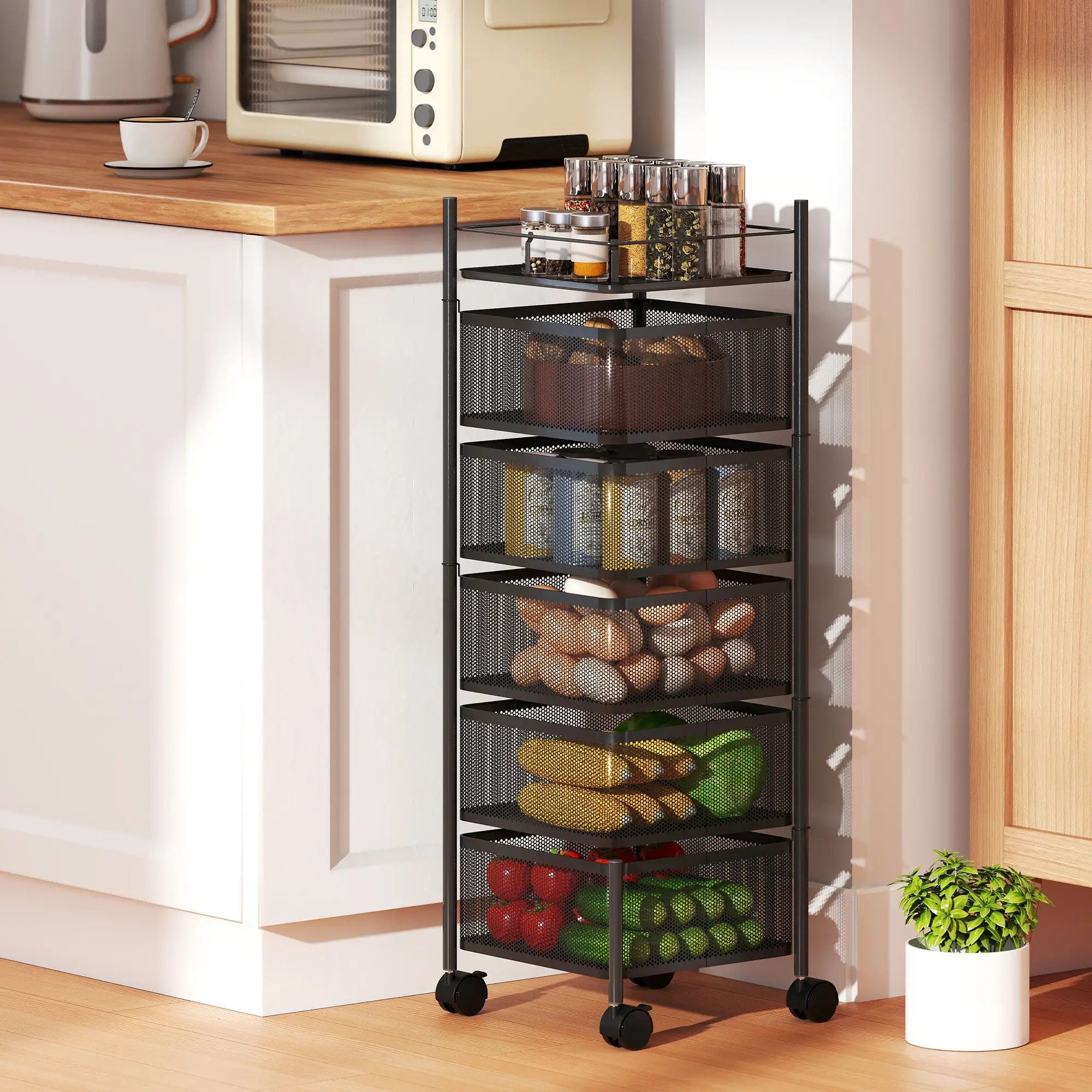 BlingBin Küchenwagen Rollwagen mit 5 Ebenen Servierwagen mit drehbaren Körben, Lenkrollen, (1er Set, 1 St., 27,5L x 27,5B x 92,5H cm), Allzweckwagen Aufbewahrungswagen Küchenrollwagen für Küche