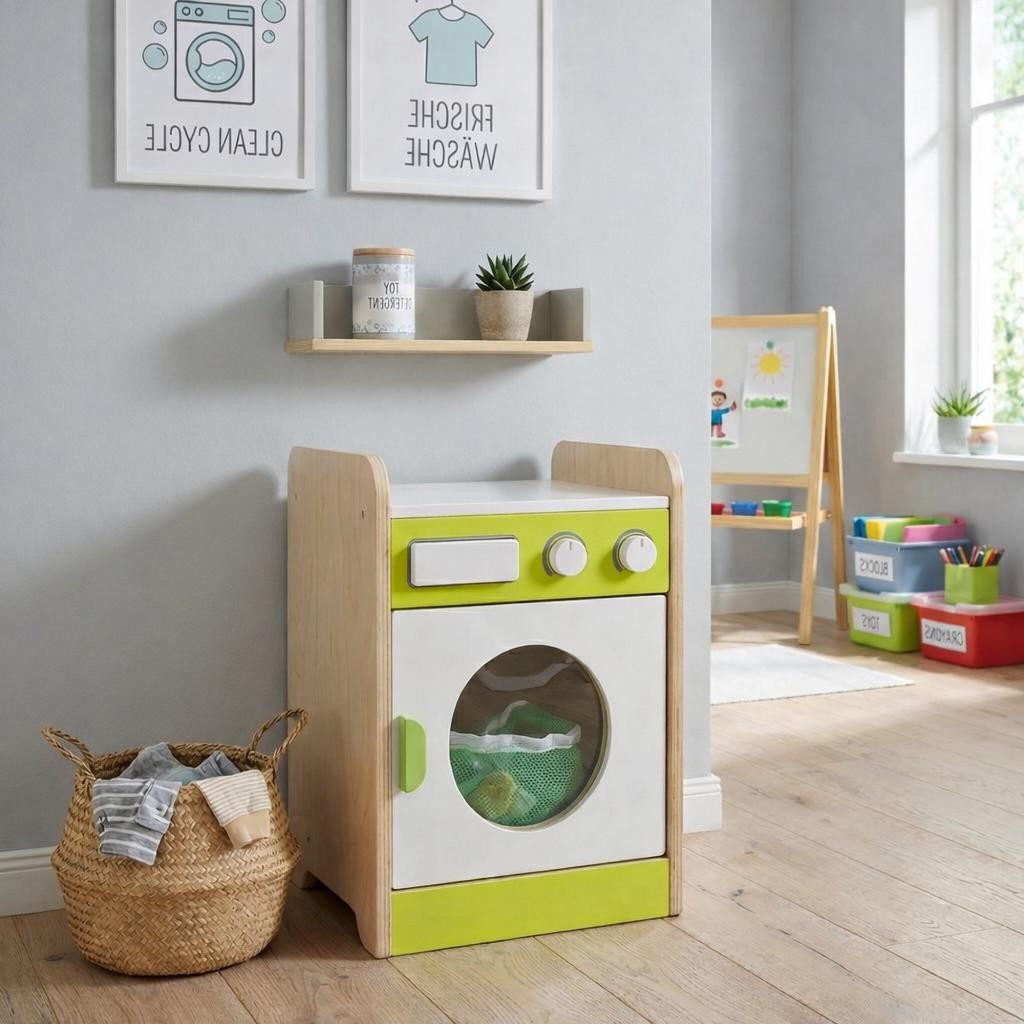 Xlmoebel Spielküche Holzspielzeug Waschmaschine für Kinder in Grün-Weiß mit Tür und Holz, Made in Europa