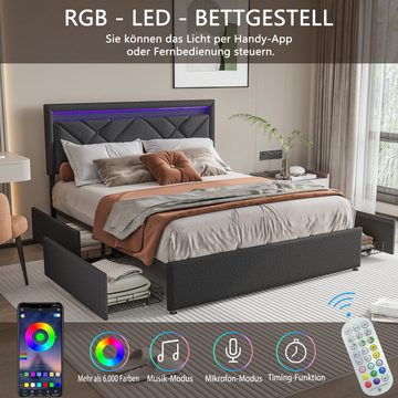 NMonet Polsterbett LED Doppelbett, Enthält USB- und Typ-C-Ladeanschlüsse, 4 Schubladen, 140x200cm