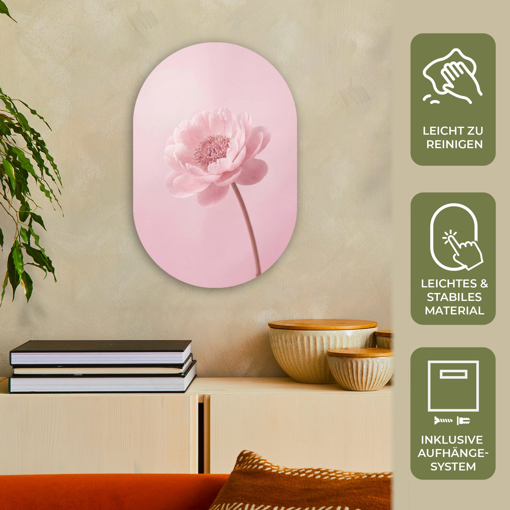 MuchoWow Gemälde Blume - Pfingstrose - Rosa, Fotodruck (1 St), Wandbild Oval, Wohnzimmer oder Schlafzimmer Wanddekoration, 40x60 cm