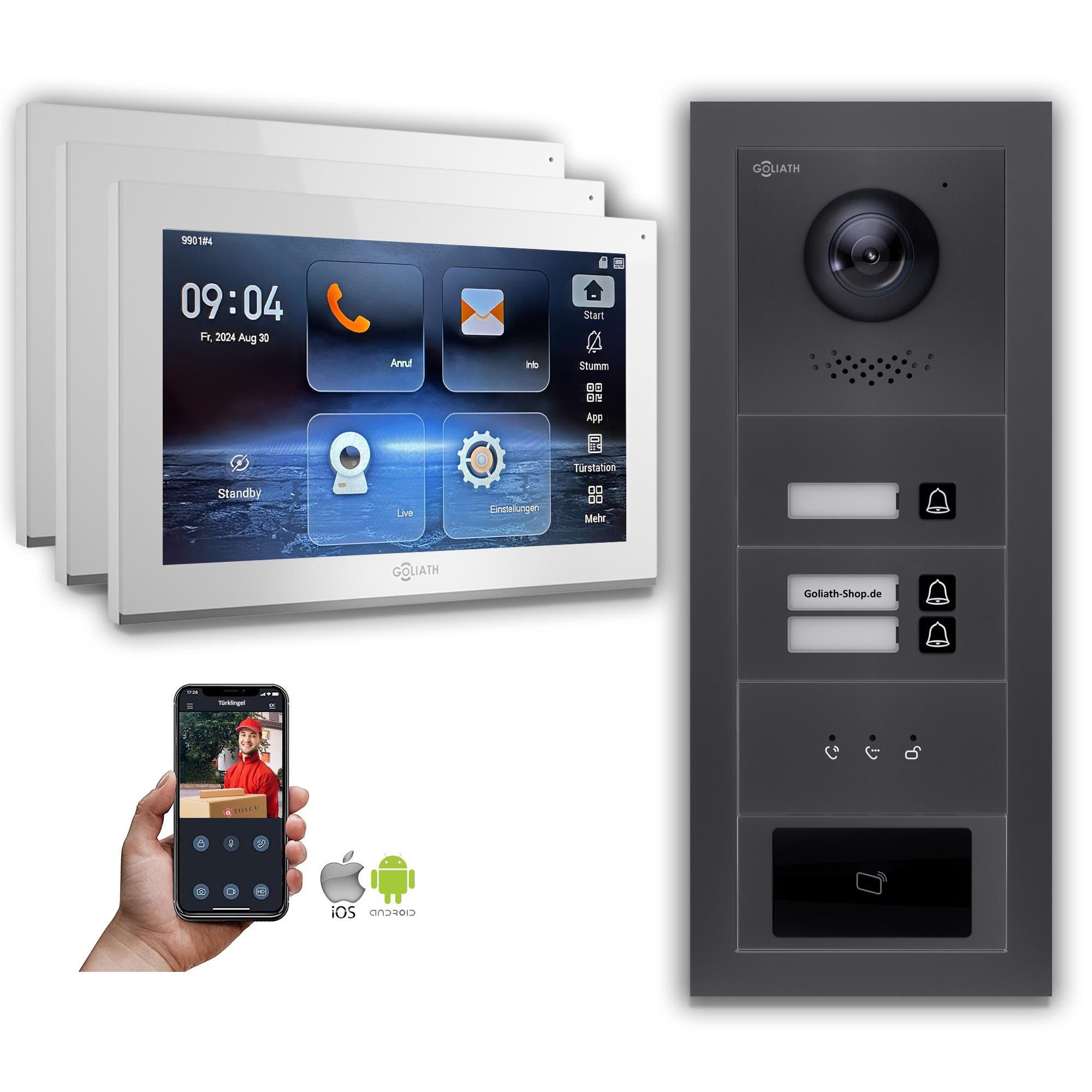 Goliath Intercom Video-Türsprechanlage Goliath IP Video Türsprechanlage: 10-Zoll 3Familienhaus, RFID, Anzeige (Privat oder Gewerblich)