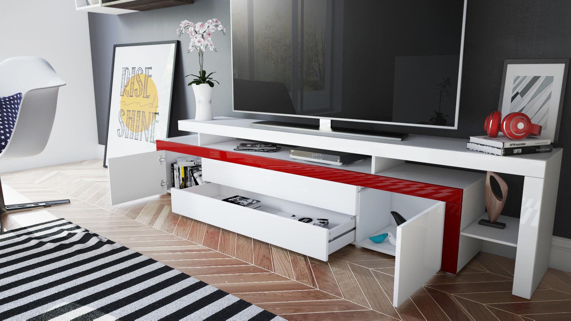 Vladon Lowboard Leon (TV-Kommode, mit zwei Türen, zwei Schubkästen und einem modernen Überbau), Weiß matt/Weiß Hochglanz/Bordeaux Hochglanz (227 x 52 x 35 cm)