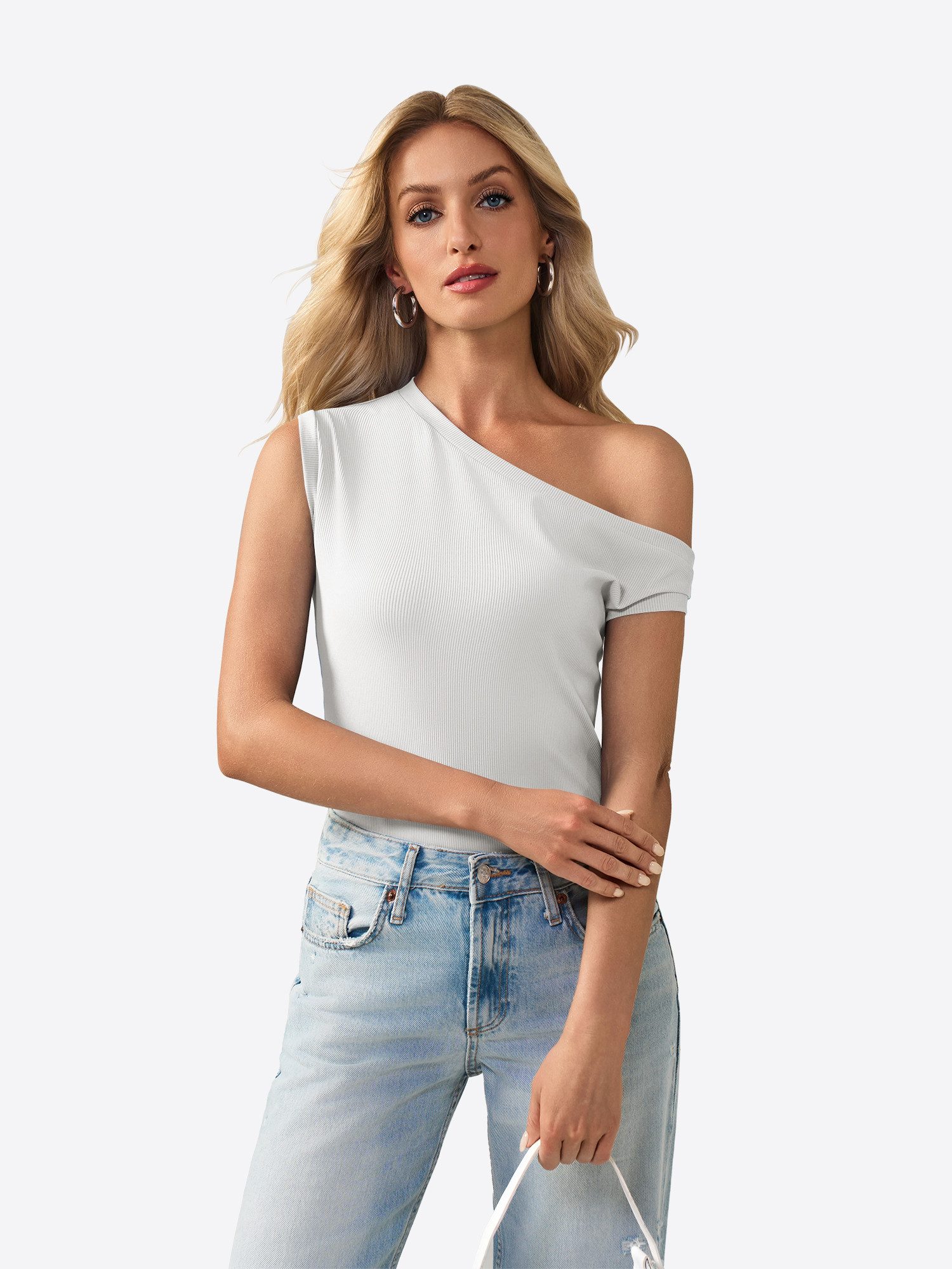 Imily Bela Tanktop Damen Sommerliche Rippstricktops mit One-Shoulder (Packung, 1-tlg., 1per-Pack) einfarbig