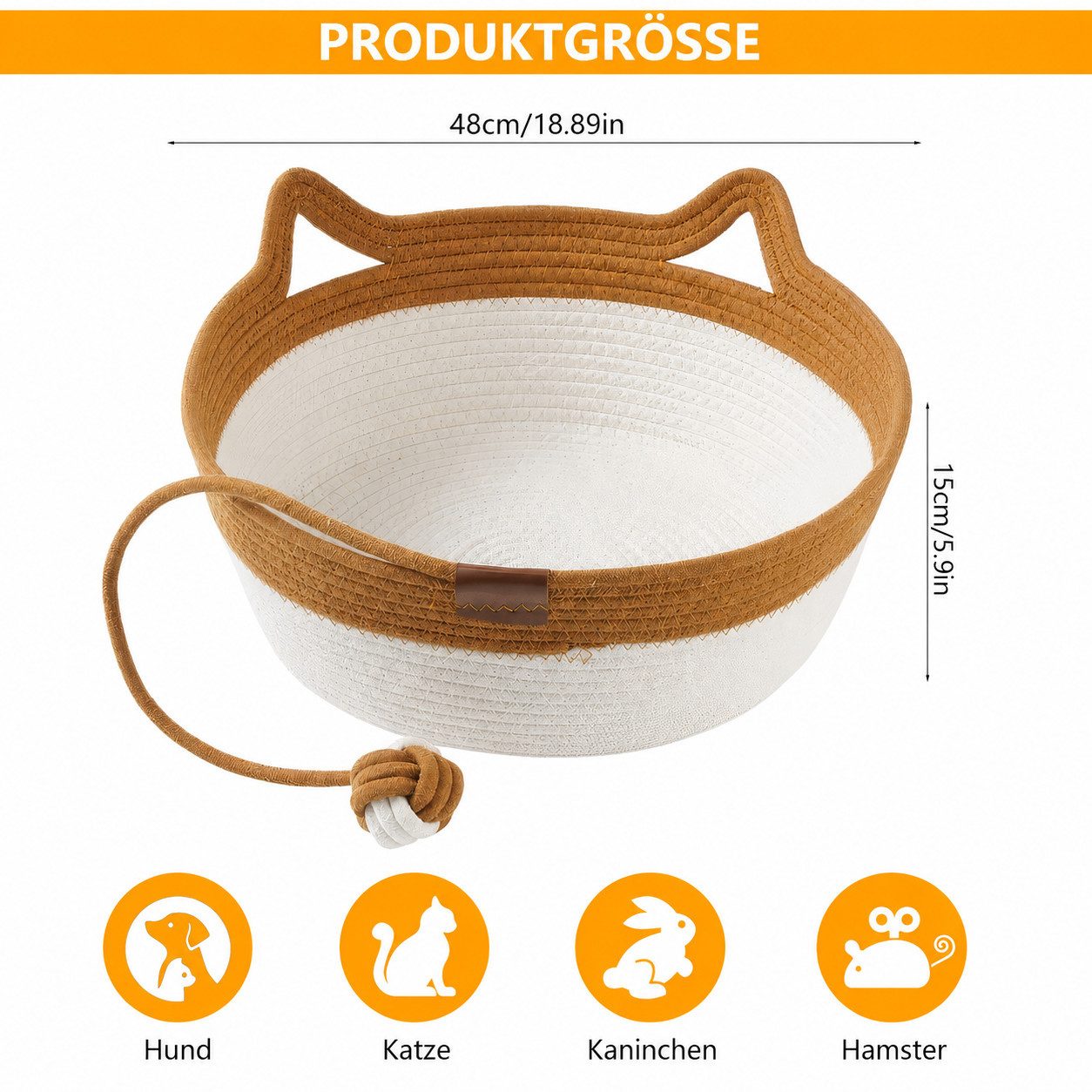 BlingBin Tierbett Katzenbett aus Baumwollseil, handgeflochtener Katzenkorb, Waschbar, Haustierbett mit Kissen, Kratzmatte und Spielzeugschwanz, Indoor