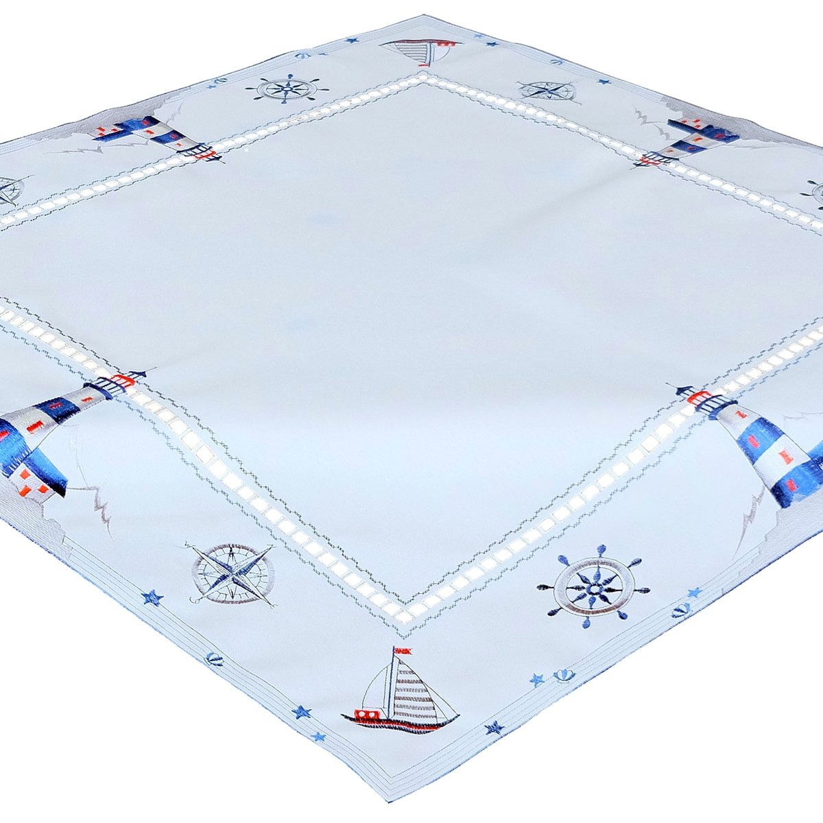 matches21 HOME & HOBBY Tischdecke Tischdecke VALERIE Leuchtturm & Kompass Stick Polyester weiß 85x85 cm (1-tlg), Pflegeleicht & waschbar bei 30 °C