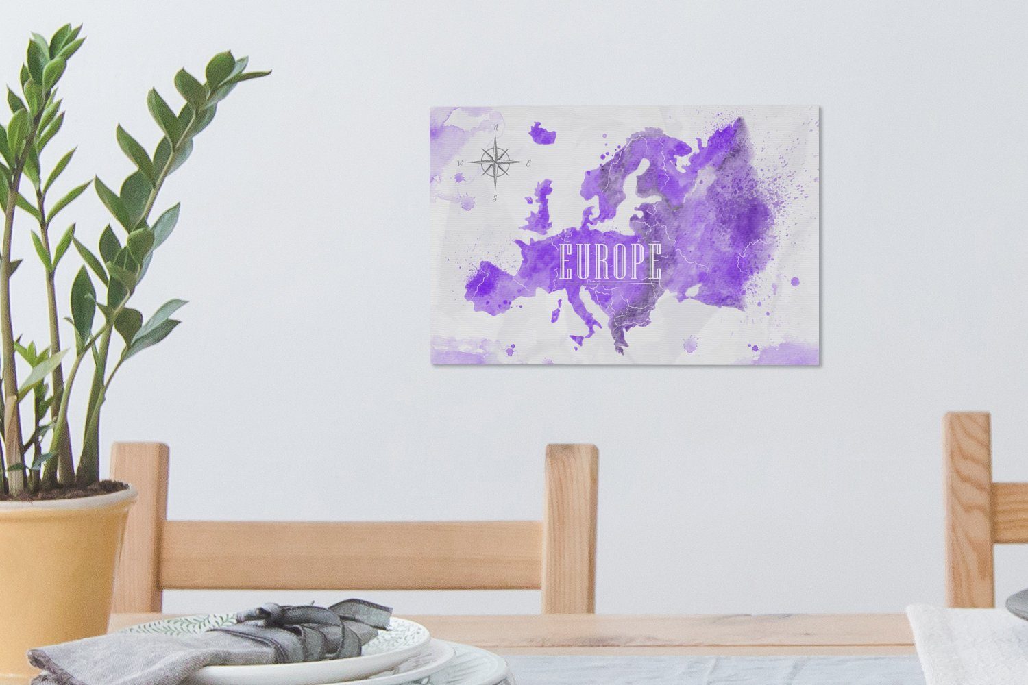 Farbe, OneMillionCanvasses® Leinwandbilder, Wandbild - 30x20 Wanddeko, cm St), Weltkarte (1 Leinwandbild Europa - Aufhängefertig,