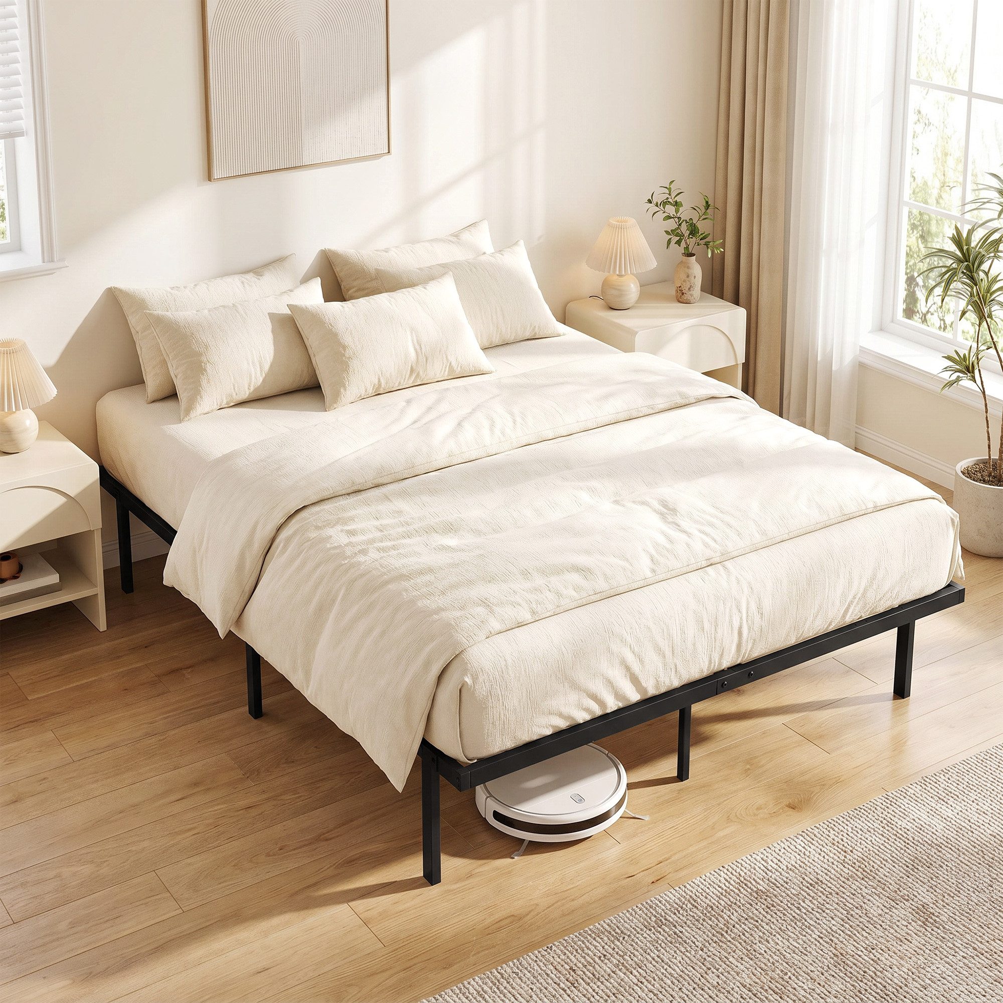 HOMCOM Bettgestell Metallbett mit Lattenrost (Set, 1-tlg., Bettgestell mit Lattenrost), Geräuscharmes, kopfteilloses Metallbett mit Stauraum