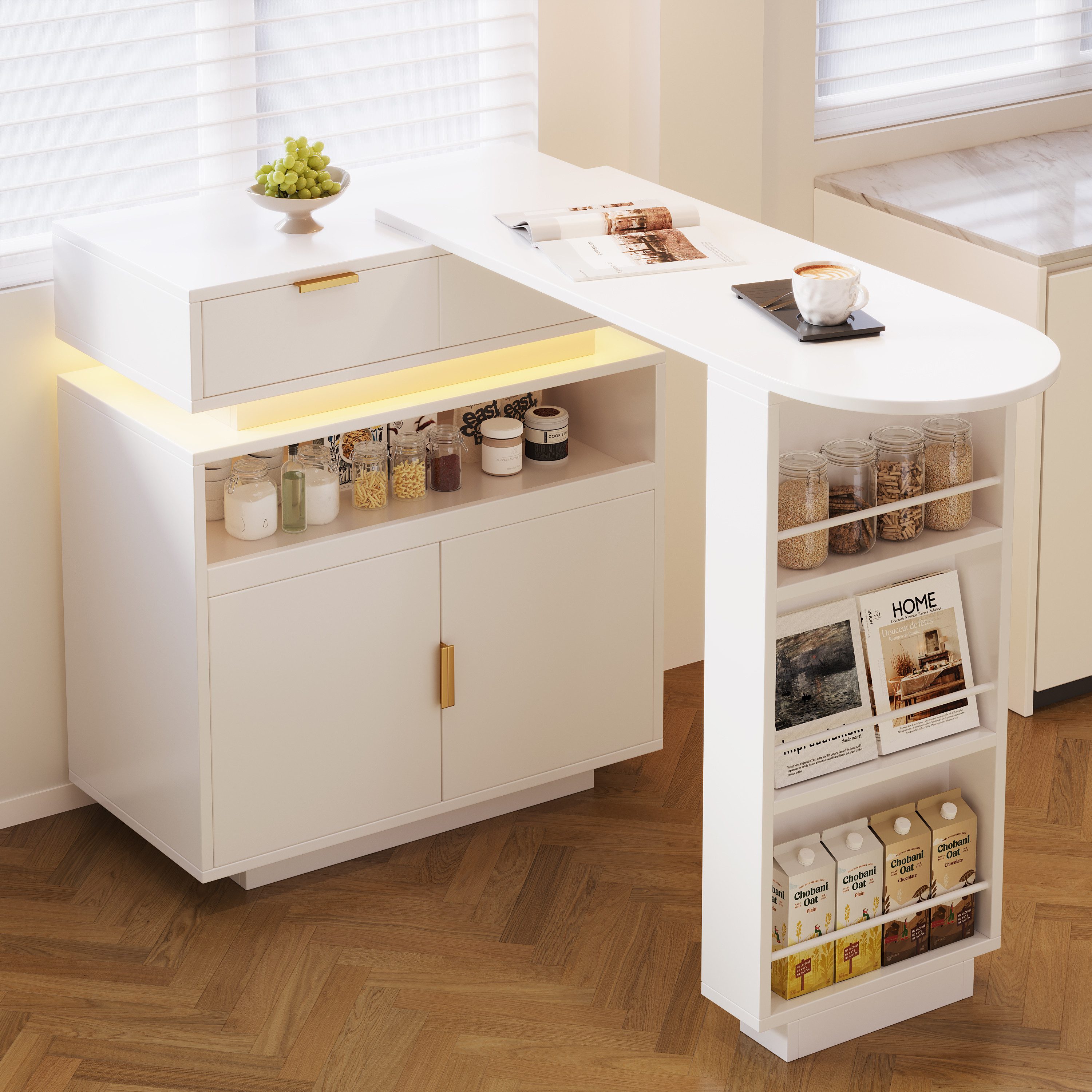 Merax Bartisch 360° drehbar Stehtisch mit LED-Beleuchtung (mobile Kaffeebar, geeignet für Küche/Esszimmer/Wohnzimmer, 1-St., 115–183 × 40 × 99,5 cm), ausziehbar Kücheninsel mit 2 Schubladen, 2 Türen, Regalen und Stauraum