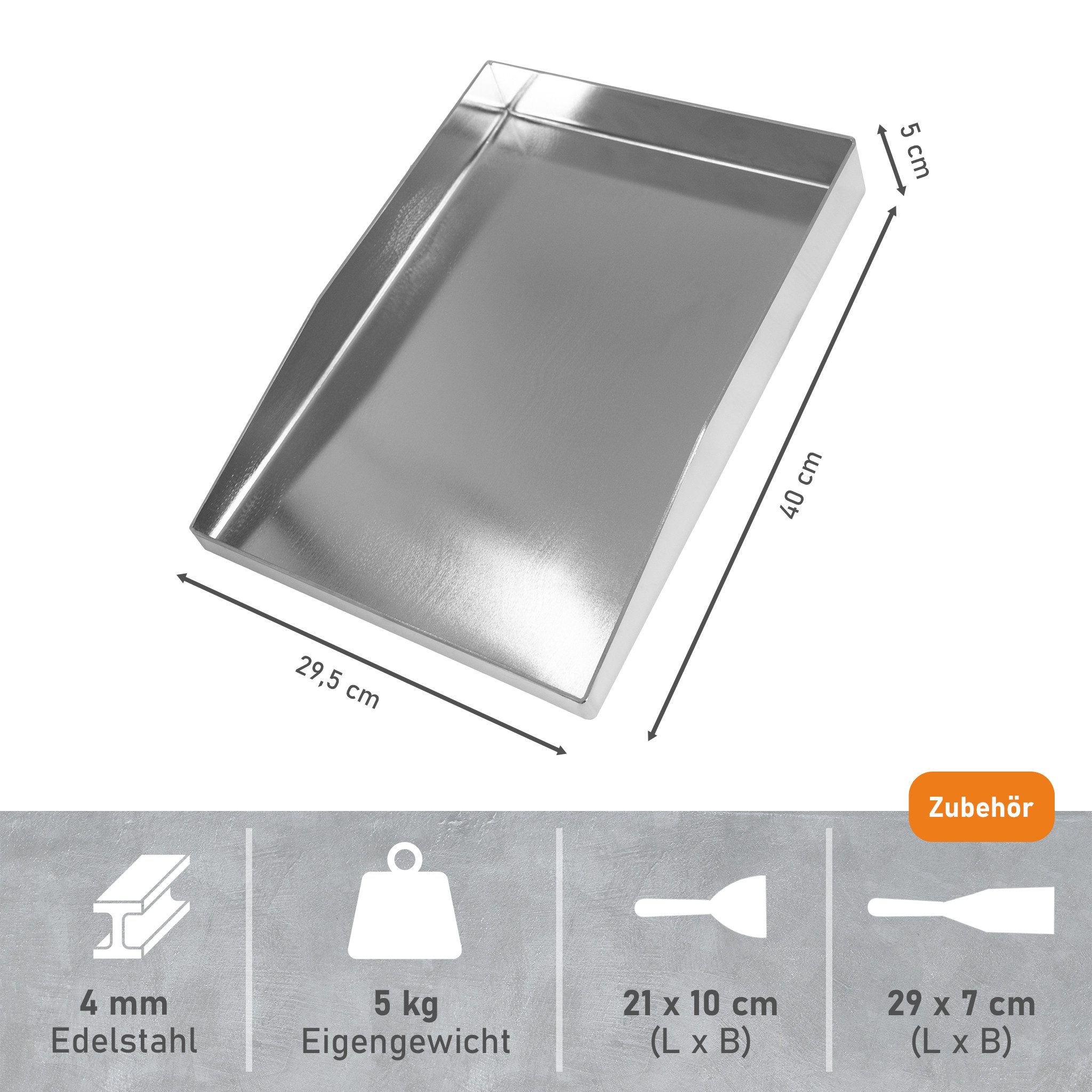Lemodo Grillplatte Plancha aus Edelstahl 4 mm 40x29,5 cm mit Rand & Spachteln (Plancha, Spachtel gebogen, Spachtel flach), Edelstahl 4 mm dick