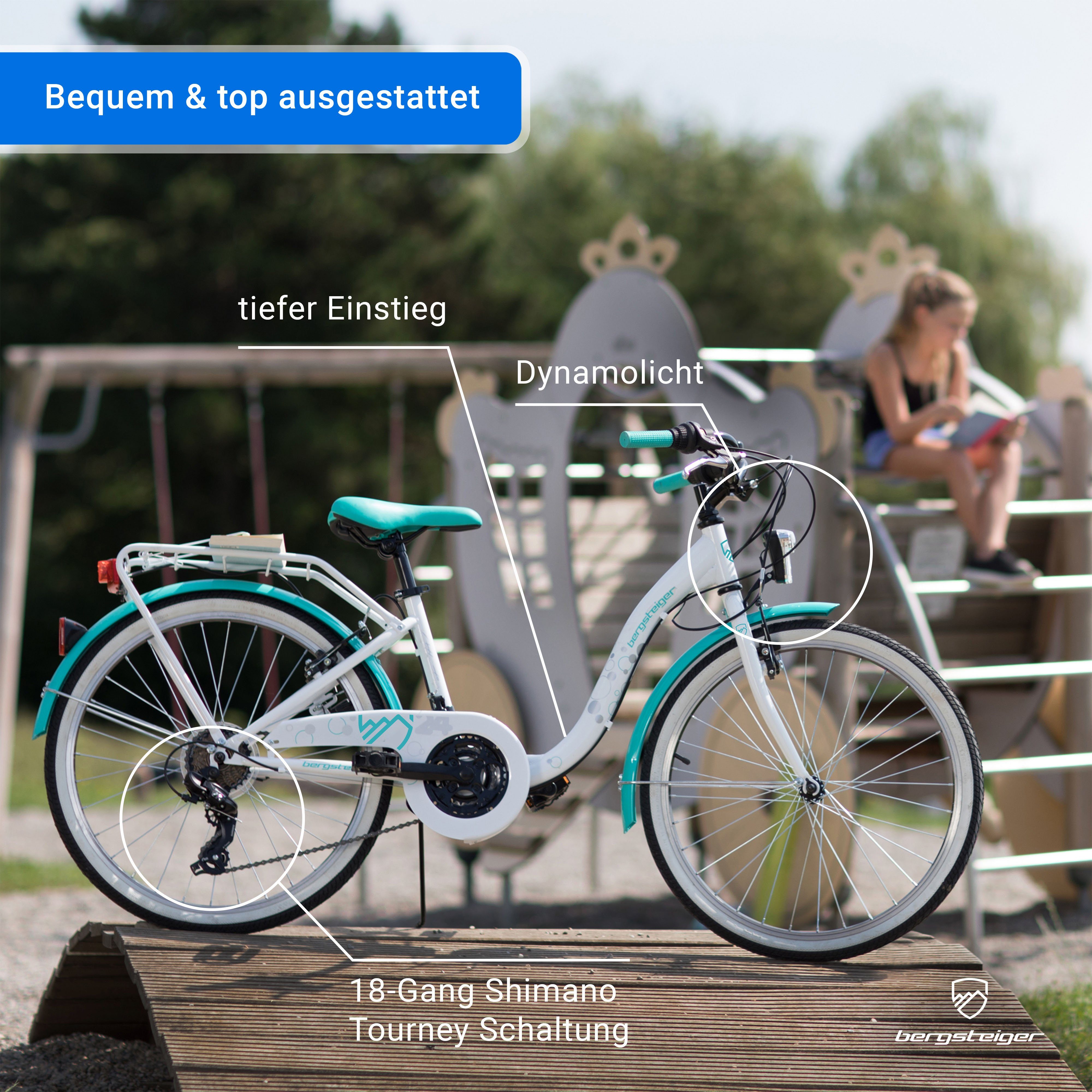 bergsteiger Kinderfahrrad Atlantis 20, 24 Zoll Mädchenfahrrad, 6 - 11 Jahre, StVZO, 18 Gang Shimano Tourney RD-TY300 Schaltwerk, Kettenschaltung, V-Bremse
