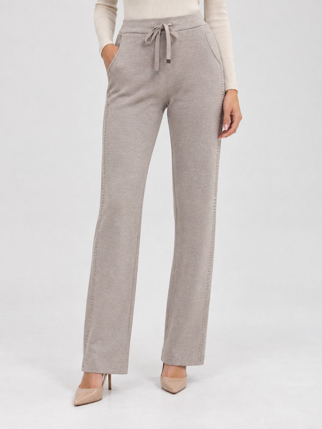 Passioni Strickhose Hellgraue Strickhose Straight Fit mit Tunnelzug
