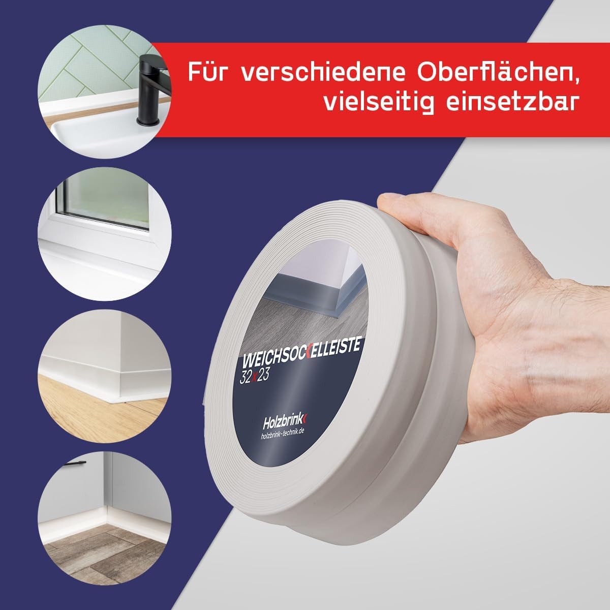 HOLZBRINK Sockelleiste HOLZBRINK selbstklebend PVC 32x23mm, 1 m, L: 100 cm, 1m Rolle, Küchenleiste Abschlussleiste für Badezimmer Farbe: Aschgrau – Bild 4 von 5