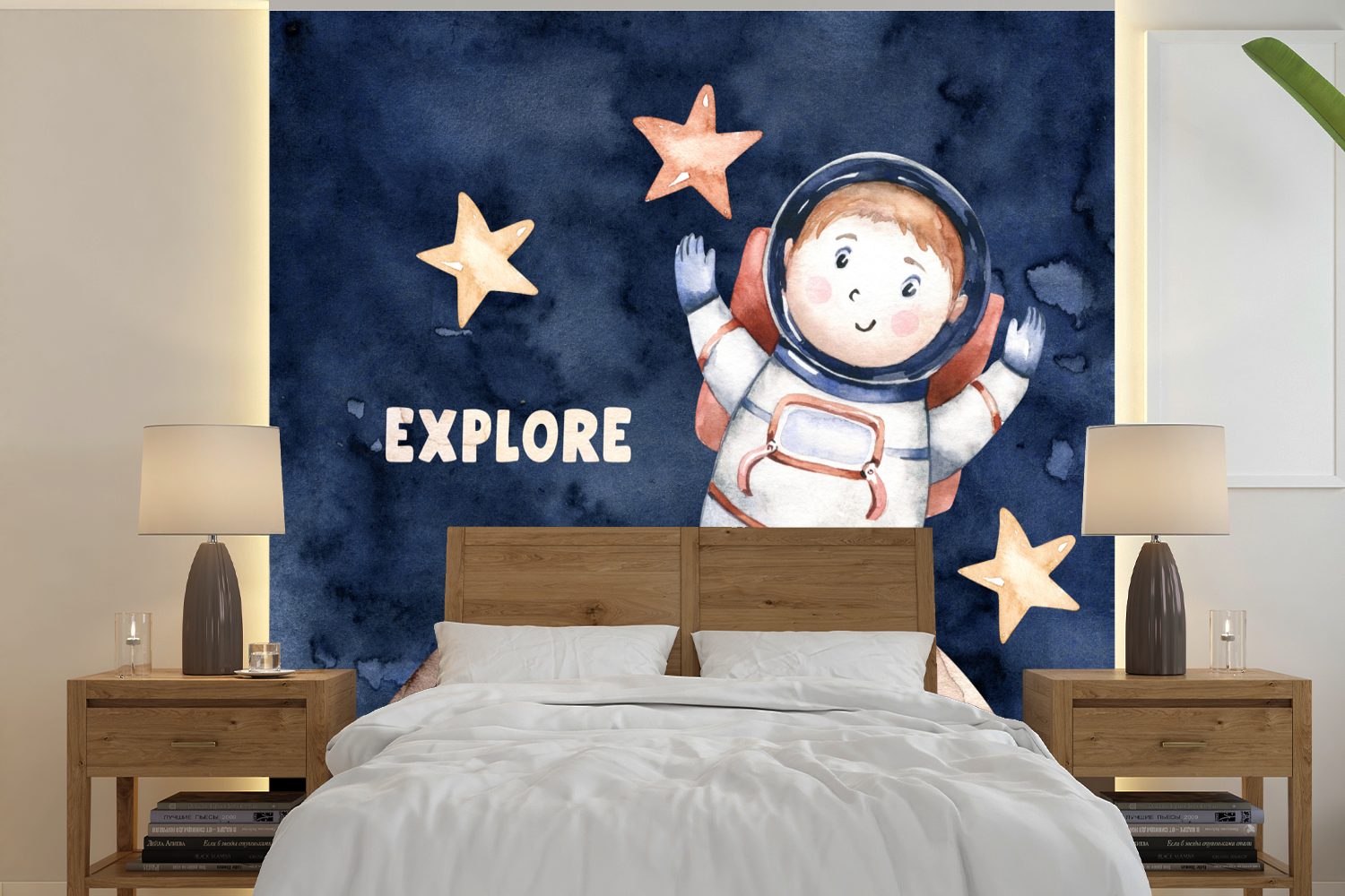 MuchoWow Fototapete Sprichwörter - Zitate - 'Erforschen' - Astronaut - Jungen - Mädchen -, Matt, bedruckt, (5 St), Vinyl Tapete für Wohnzimmer oder Schlafzimmer, Wandtapete