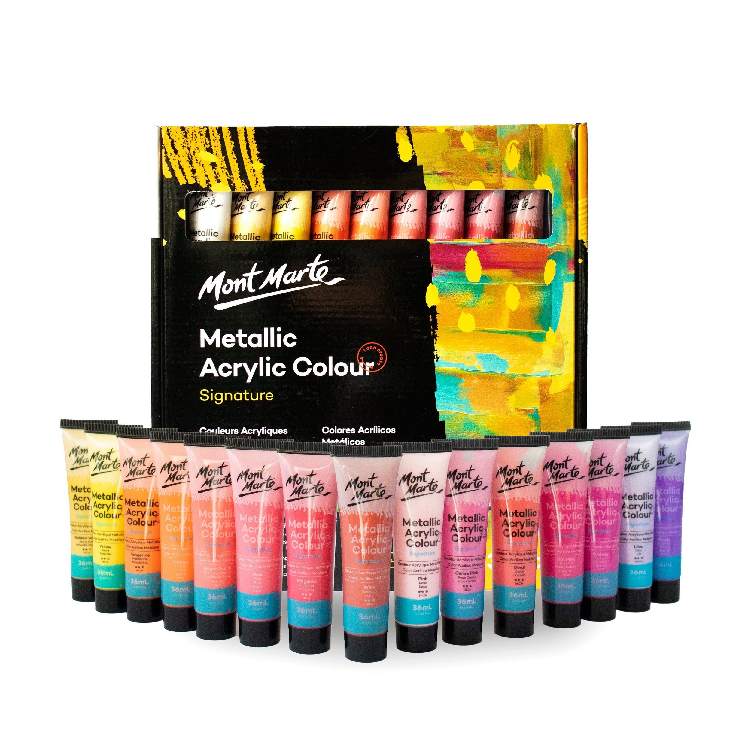 Mont Marte Acrylfarbe Set Metallic 12 / 36 × 36 ml – edle Metalltöne mit schimmerndem Effekt, Wasserbasiert & ideal für Leinwand, Karton, Papier, Ton, Holz, Stein