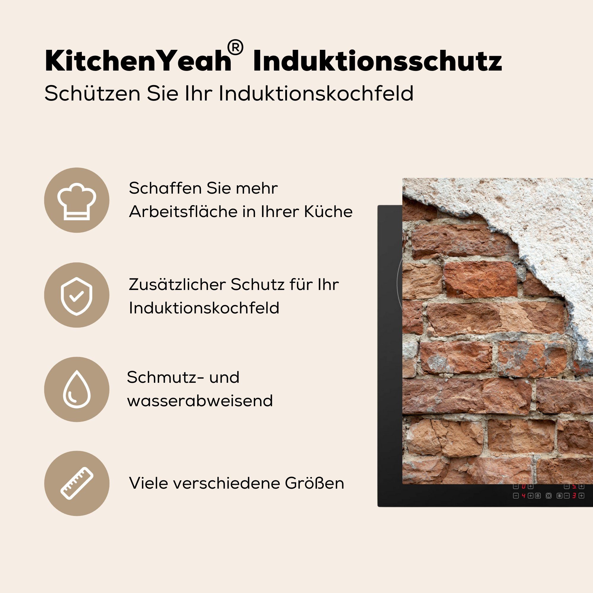 MuchoWow Herdblende-/Abdeckplatte Ziegel - Gips Küchen Induktionsherd, (1 Dekoration für Induktionskochfeld - Wand, Vinyl, 58x51 cm, tlg)