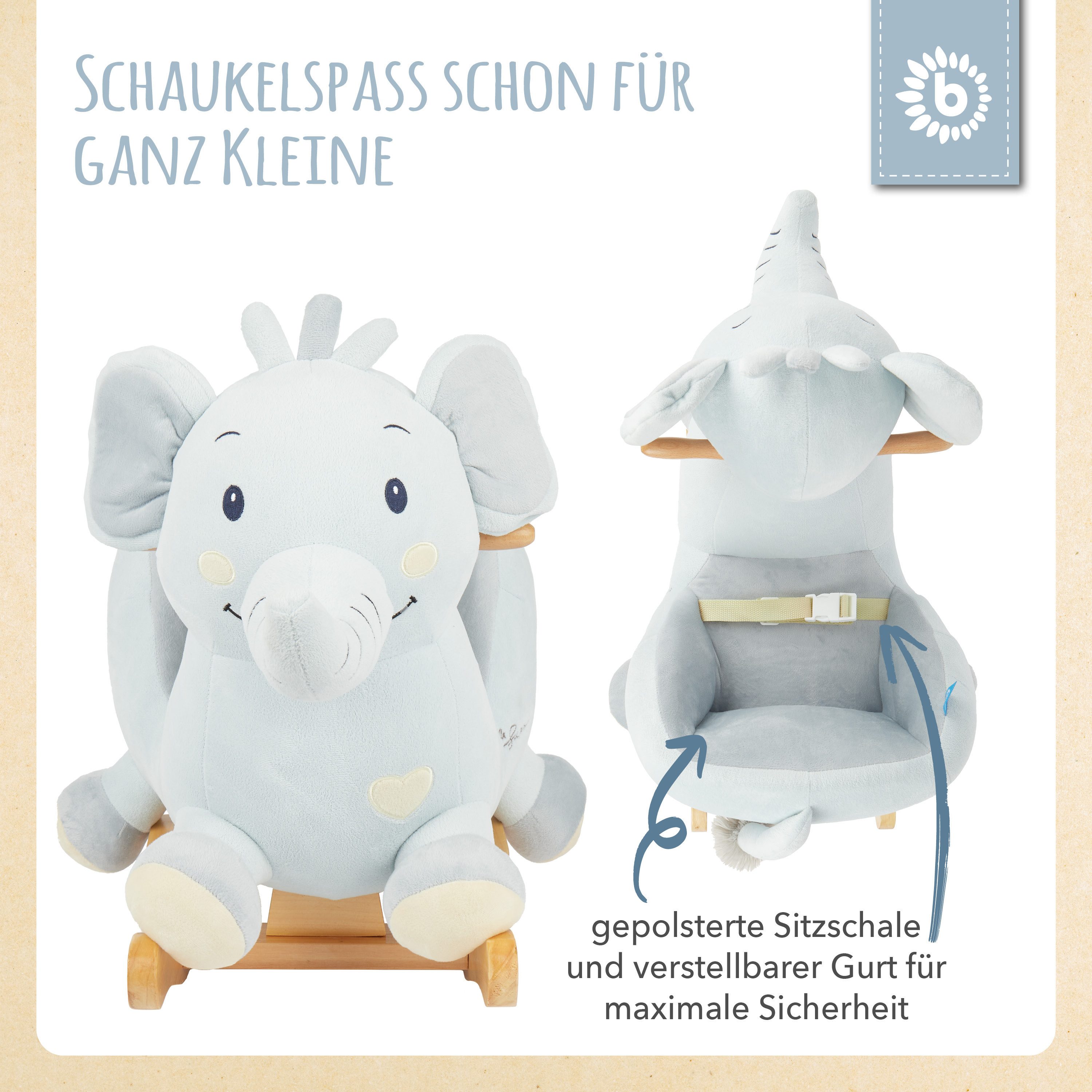 BIECO Schaukeltier Schaukelpferd Elefant aus Plüsch & Holz – Wippe ab 9 Monaten