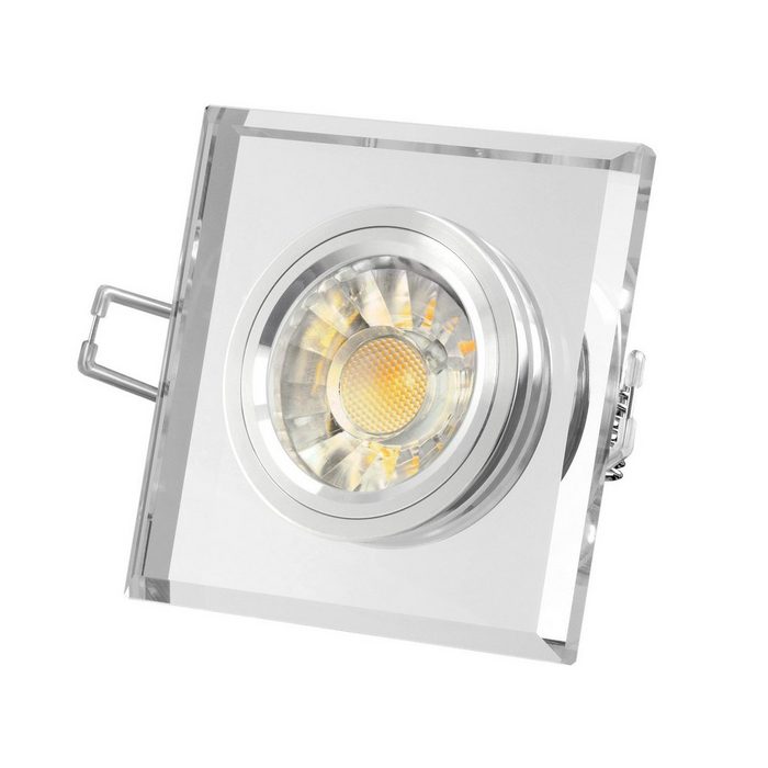 SSC-LUXon LED Einbaustrahler Design Einbaustrahler aus Glas quadratisch klar spiegelnd LED 7W warmweiß DIMMBAR GU10 Halogenoptik Warmweiß
