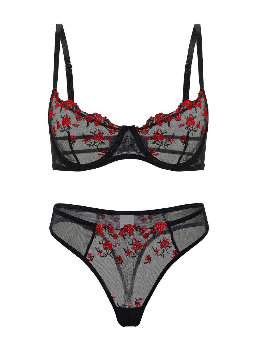 Elegant Love Set: Push-up-BH Bestickter BH & Tüll-Tanga, Transparentes Mesh-Dessous (Set, 2-tlg., mit String, Panty) elegantes Lingerie Sexy Set, Unterwäsche für Frauen