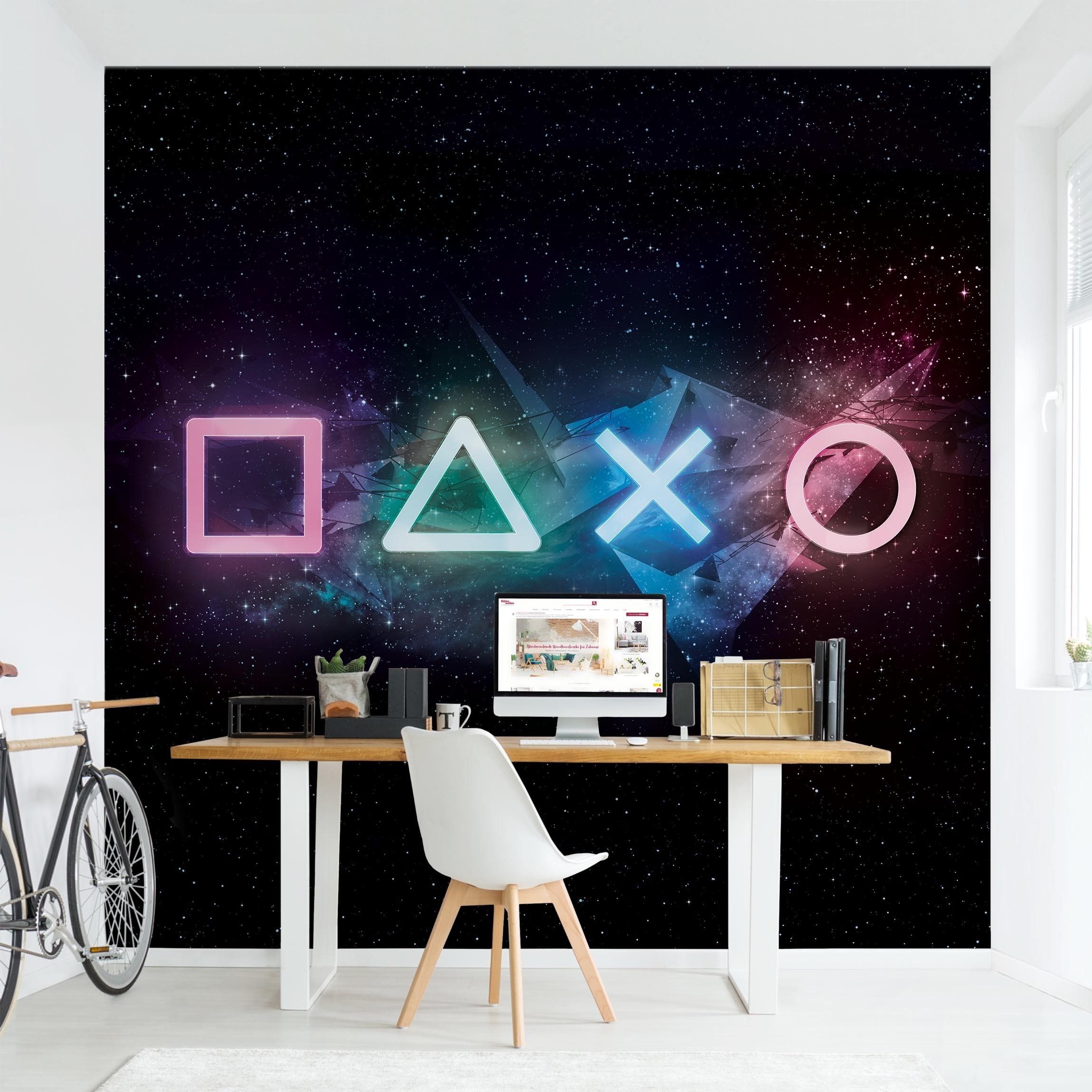 Bilderdepot24 Fototapete Controller Galaxie Neon Art Gamer schwarz moderne Wanddeko XXL, Glatt, Matt, (Vliestapete inkl. Kleister oder selbstklebend), Jugendzimmer Gaming Zimmer Tapete Wohnzimmer Vliestapete Wandtapete