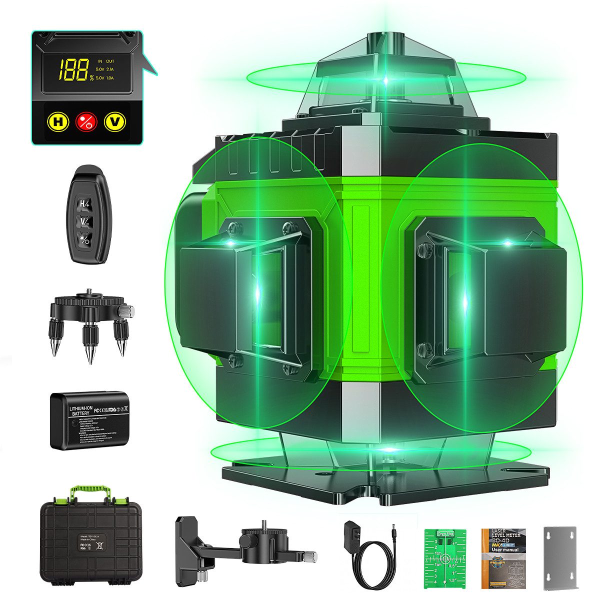 AeroAxis Wasserwaage Laserwasserwaage Selbstnivellierend, 4D 16 Linien, 4x360° mit 2 Akkus, (Set), präzise für Innen- und Außenbereich, ideal für Baustellen