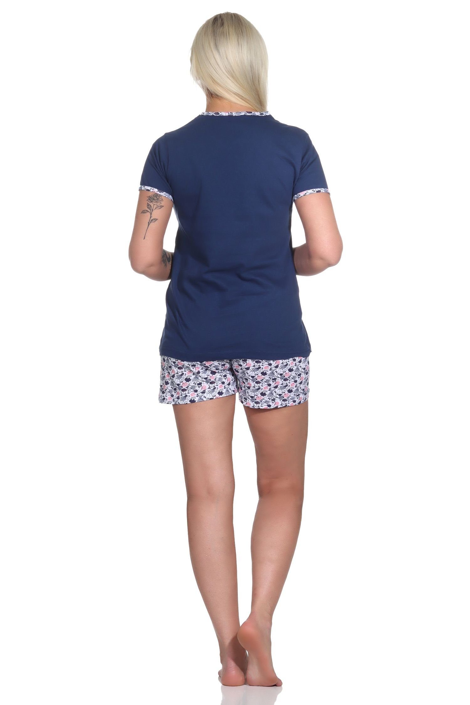 floralem Sommerlicher Normann Shorty, Damen kurzarm Pyjama mit Print marine Schlafanzug