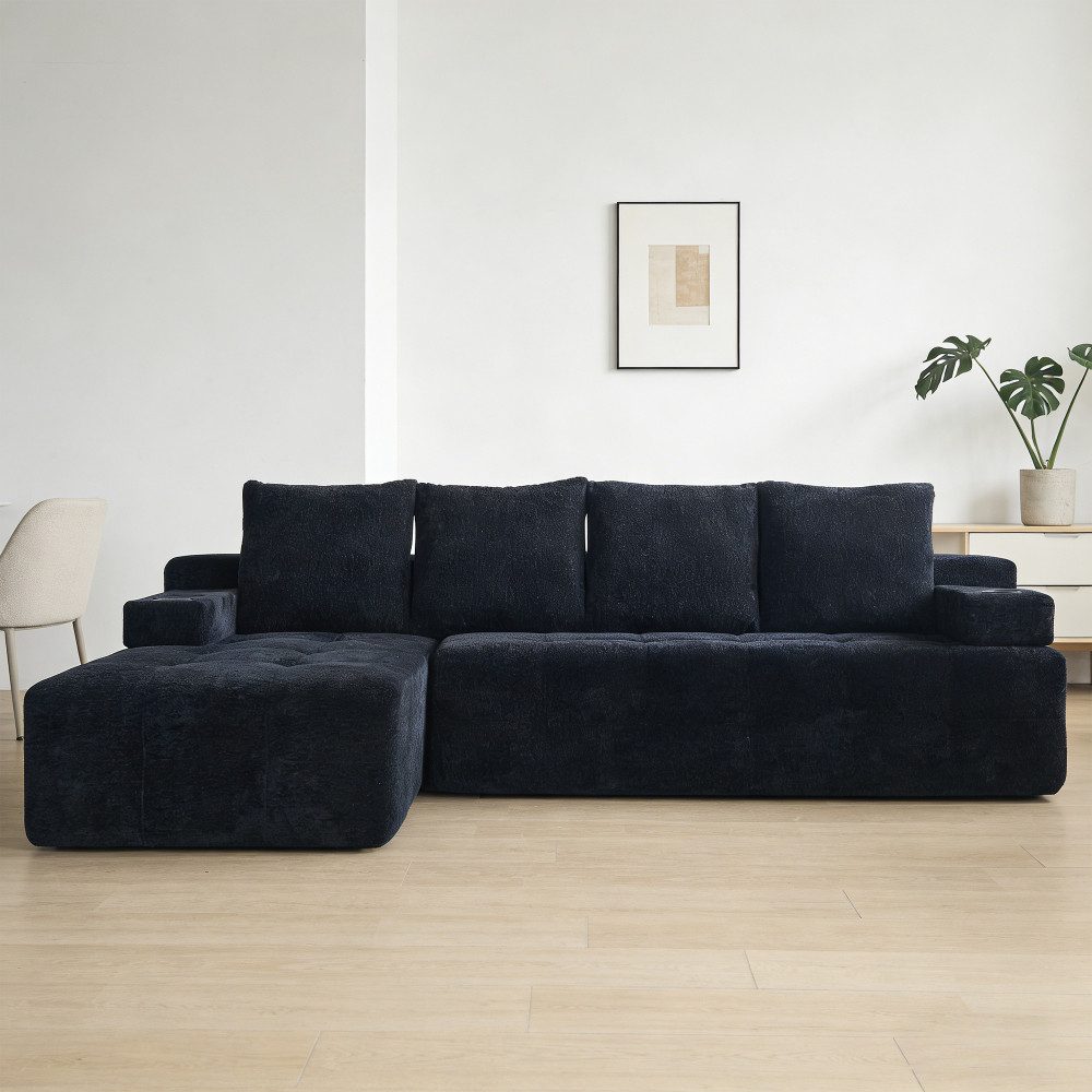 BBG Loungesofa Chenille Ecksofa L-Form 4-Sitzer mit Schlaffunktion, Sofa mit Getränkehalter & Stauraum, umkehrbare Chaise Lounge, Wohnlandschaft modern