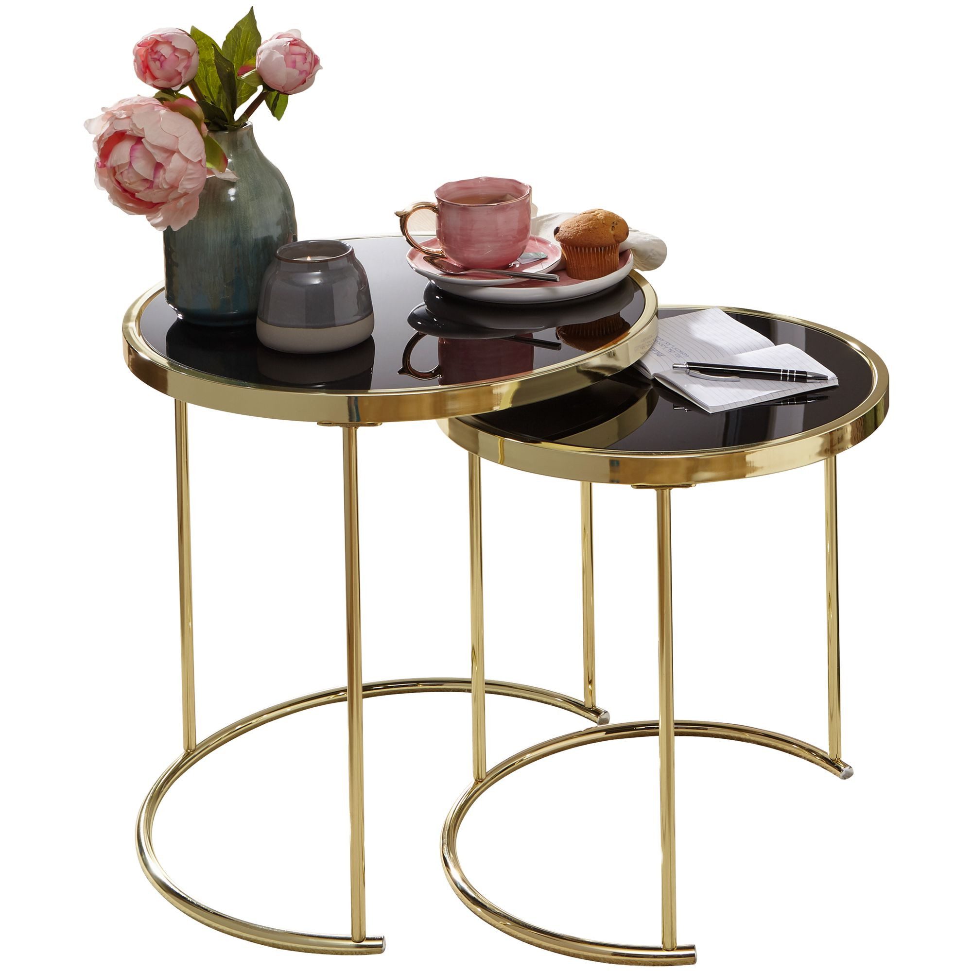 KADIMA DESIGN Satztisch Design Satztisch COMO Schwarz/Gold Beistelltisch Metall/Glas, (mit Glasplatte, Ablagetisch modern), Couchtisch Set aus 2 Tischen, Kleiner Wohnzimmertisch, Metalltisch