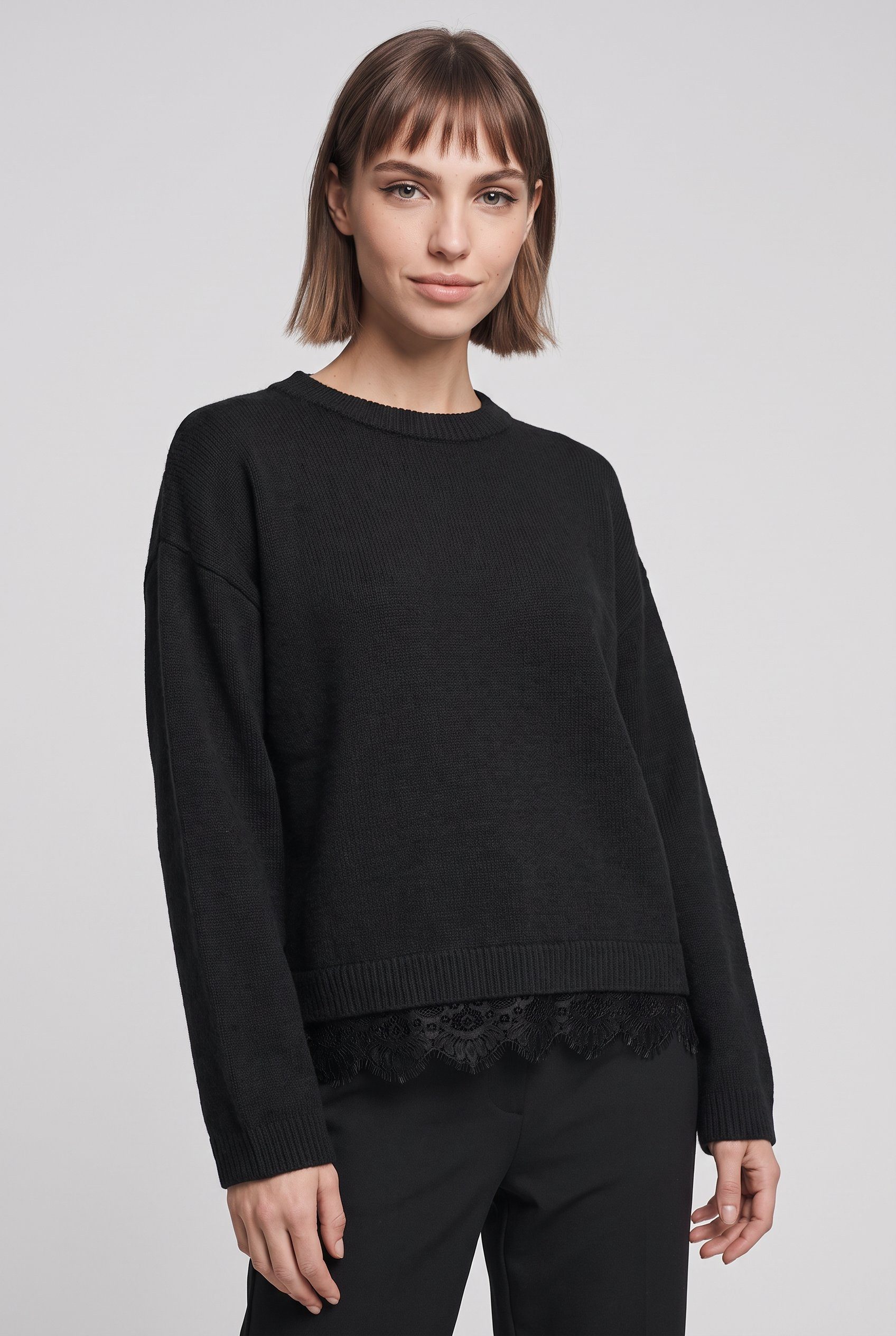 ONLY Strickpullover ONLALIVIA LS LACE O-NECK CS KNT Materialmix, regular fit