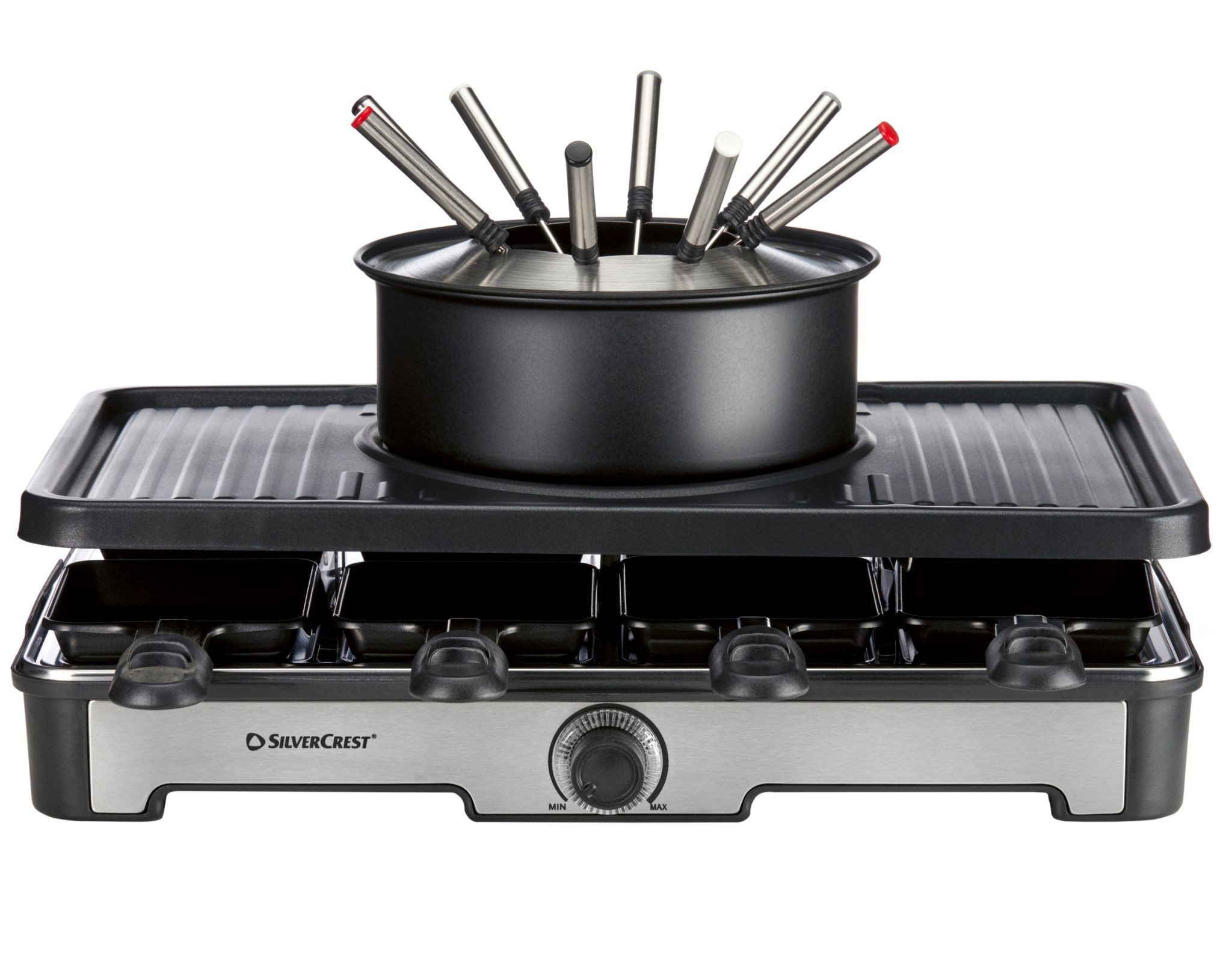 SilverCrest Elektro-Fondue Premium Fondue Raclette Grill Kombi 1400W 8 Personen SRGF 1400 A3, für 8 Personen