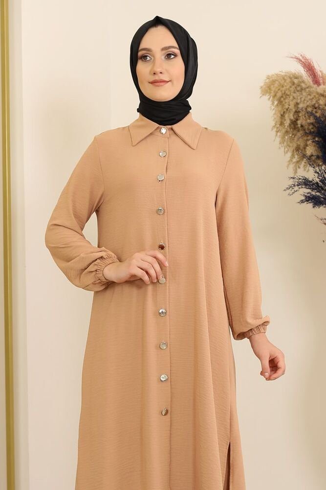 Modavitrini Longtunika Damen Anzug Zweiteiler Kleidung Lange Knöpfe, Beige Hose Aerobin Tunika Hijab mit Stoff