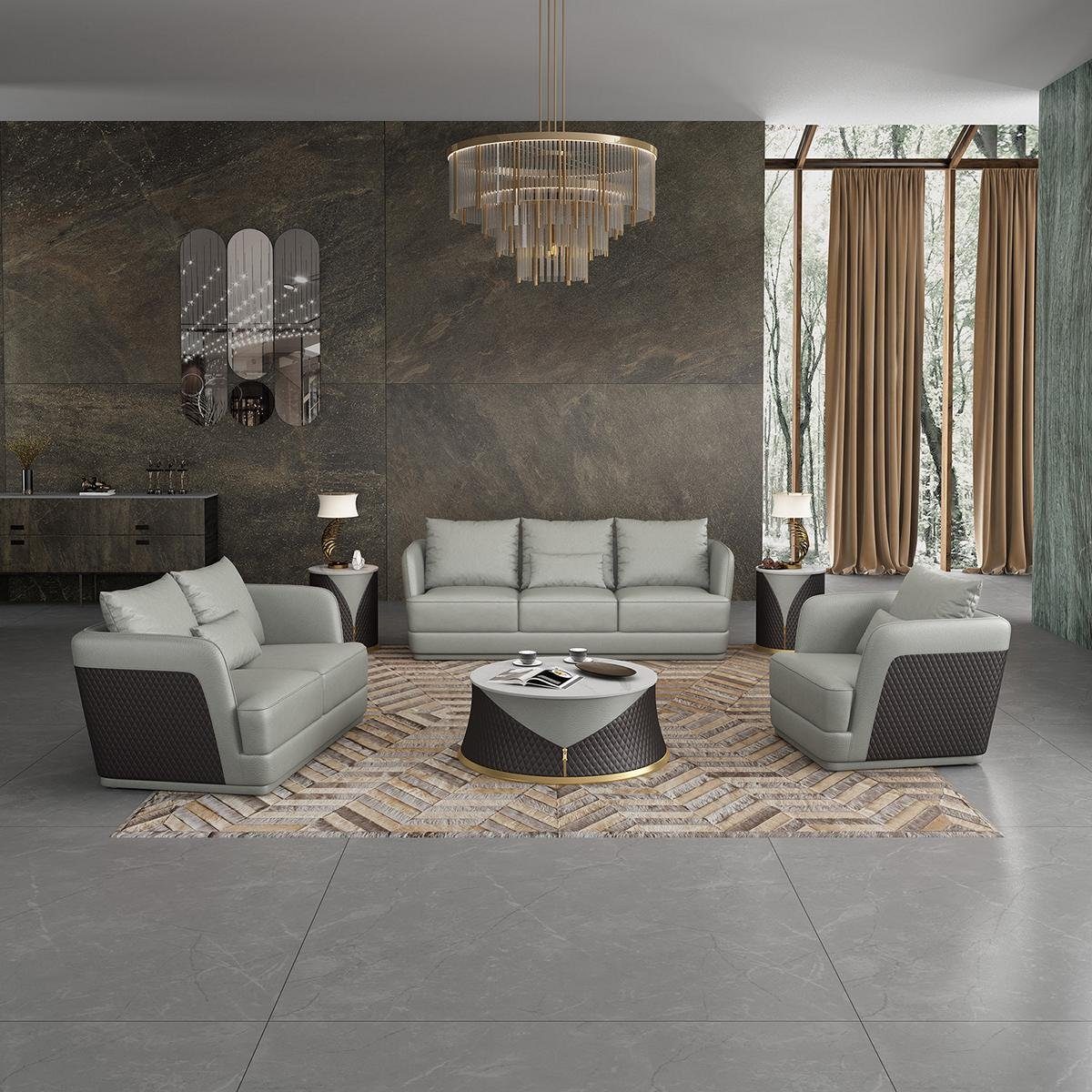 JVmoebel Wohnzimmer-Set, Sofagarnitur 3 1 Sitzer Set Design Sofa Polster Couchen Couch Modern Weiß/Silber