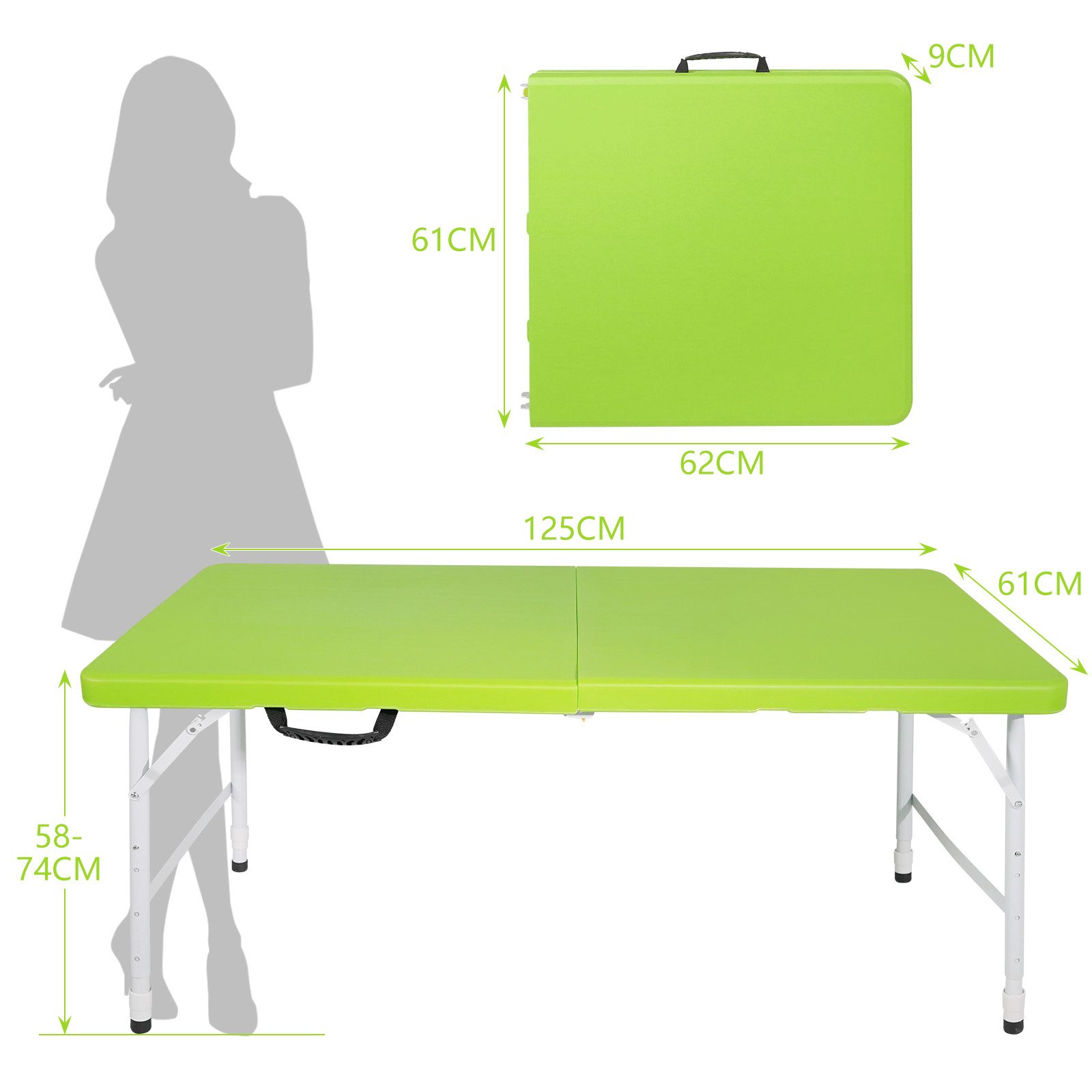 CHICFURN Klapptisch Faltbarer Campingtisch mit Tragegriff (Packung, 1-St., Für Camping, Picknicks, Partys sowie Innen- und Außenbereich), Grün, 125 cm, Höhenverstellbar, Tragkraft bis 135 kg