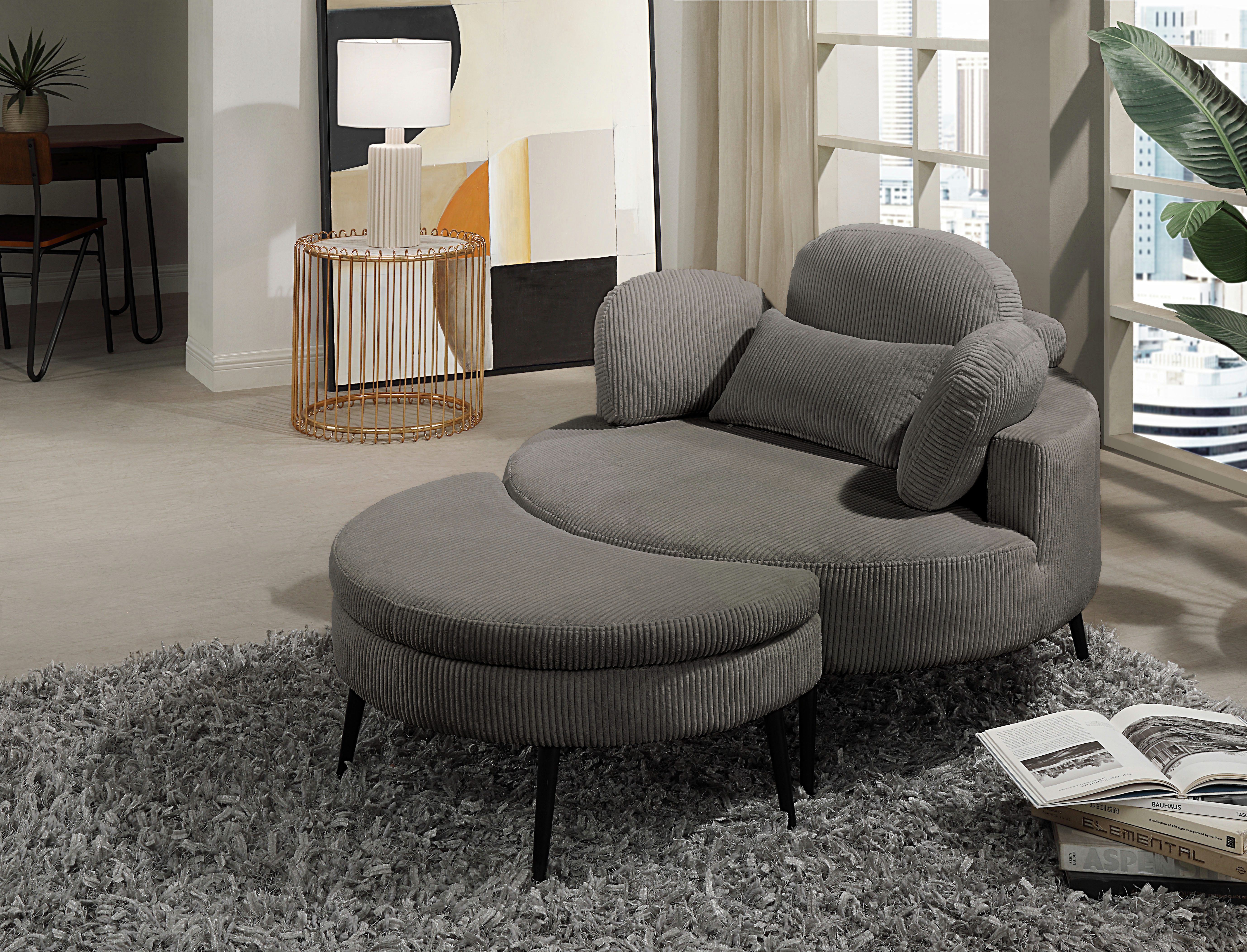 OTTO home Loveseat Riko Sessel, B: 110 cm, Sitzhöhe: 44 cm, XXL- Sessel, mit Stauraumhocker, Rückenstütze & 4 Zierkissen