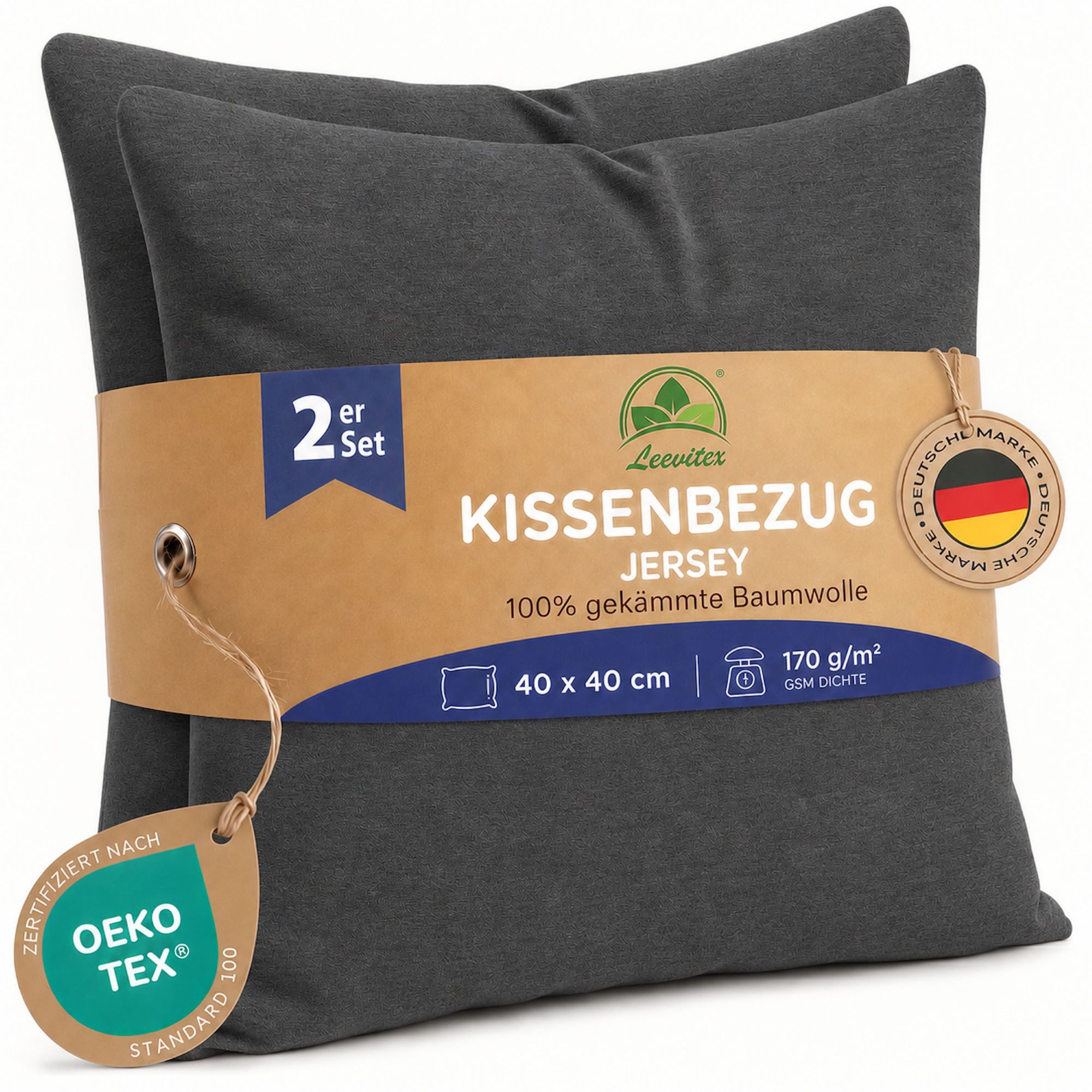 leevitex® Kissenbezüge Kissenbezug 40 x 40 cm, 2er Set, Anthrazit/Grau, (2 Stück), feine Jersey-Qualität, 100% Baumwolle, robuster Reißverschluss