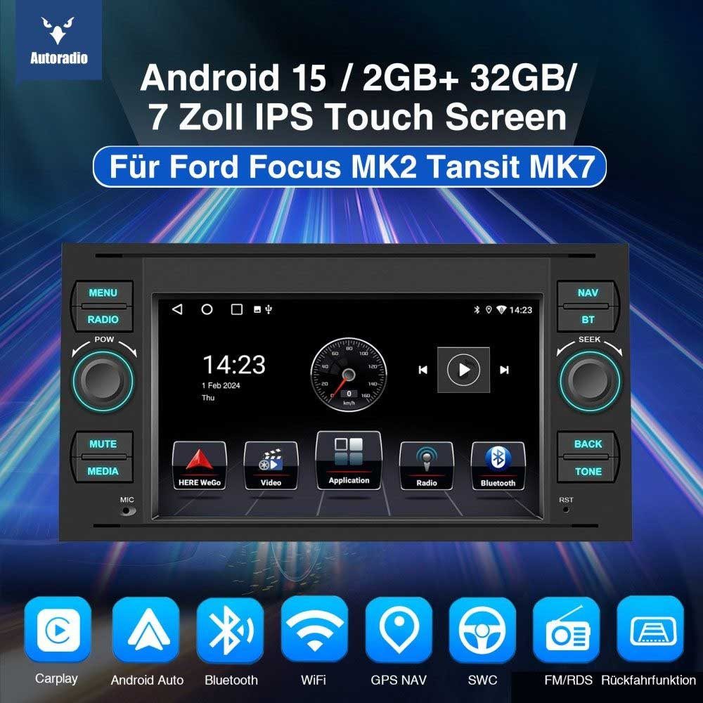 ESSGOO 7" Android 15 Für Ford Focus Transit MK7 C S-Max Fiesta Galaxy Kuga Autoradio (RDS, 2+64GB(optional), 4G, FM, DAB+ (optional), GPS Navi Carplay Android Auto Bluetooth EQ USB WIFI Touchscreen SWC)