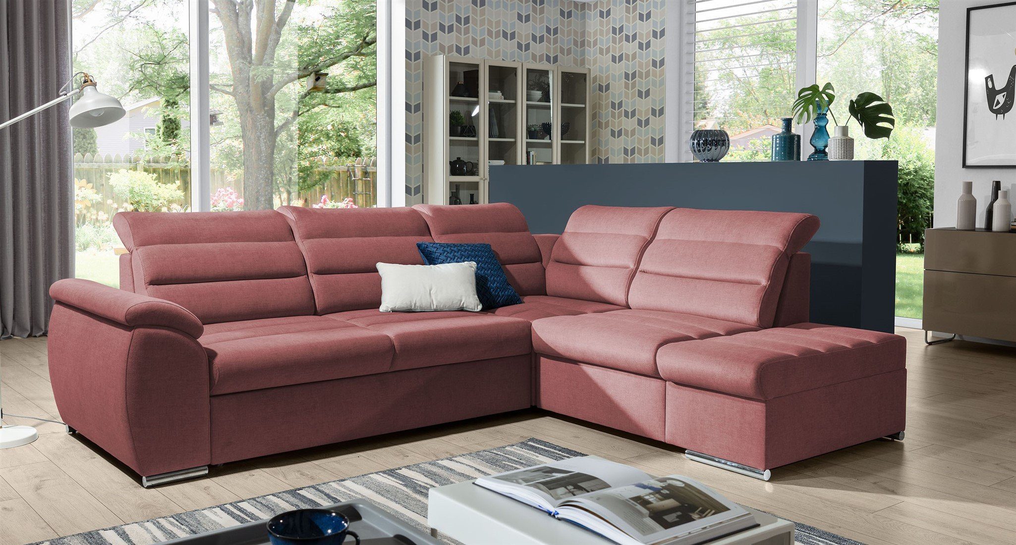 Fun Möbel Ecksofa Schlafsofa PASCARA Velourstoff Esito mit Ottomane, inkl. Bettkästen und Ottomane, Rundumbezug