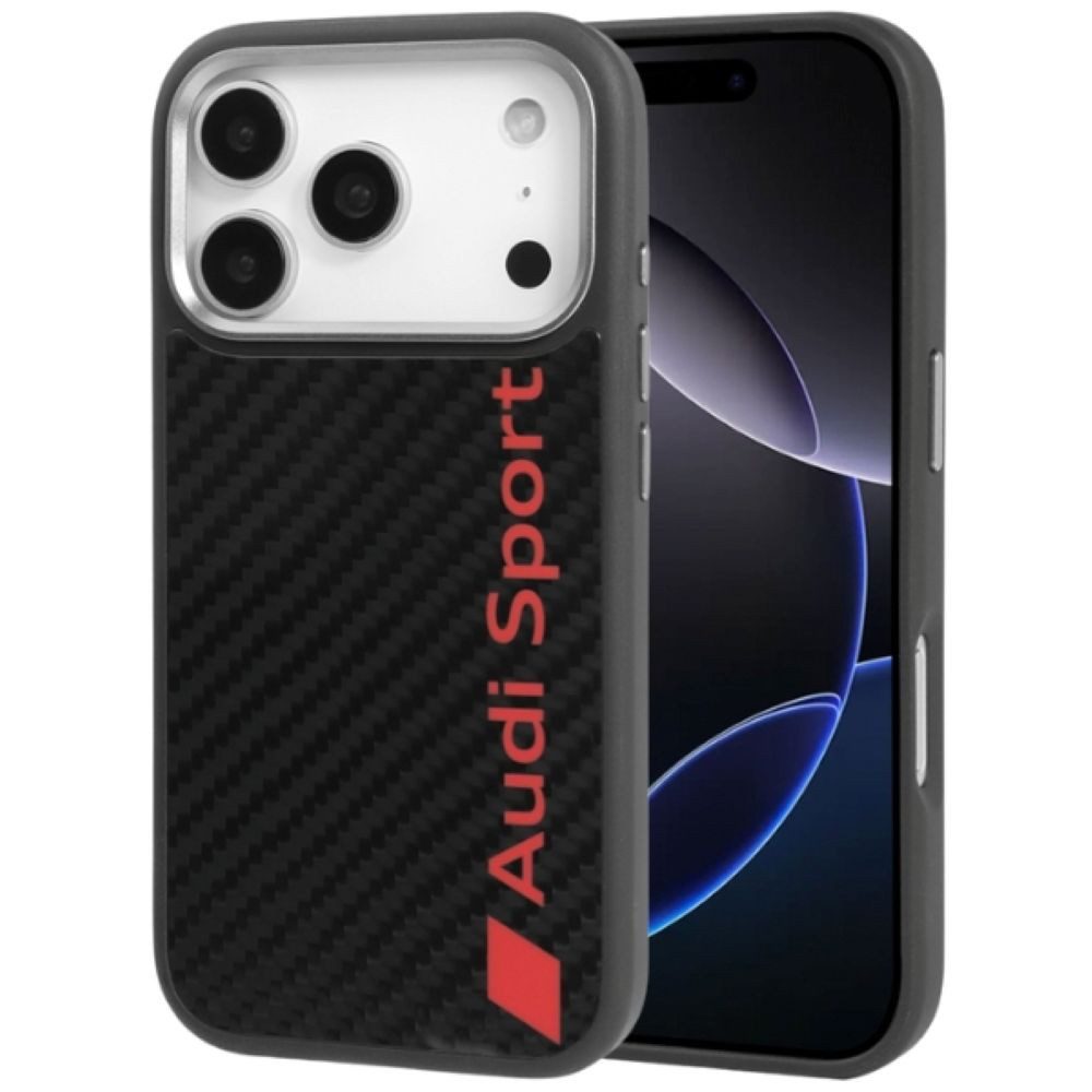 Audi Handyhülle iPhone 17 Pro Carbonfaser R8 MagSafe schwarz rot Logo 6,3 Zoll, Kantenschutz