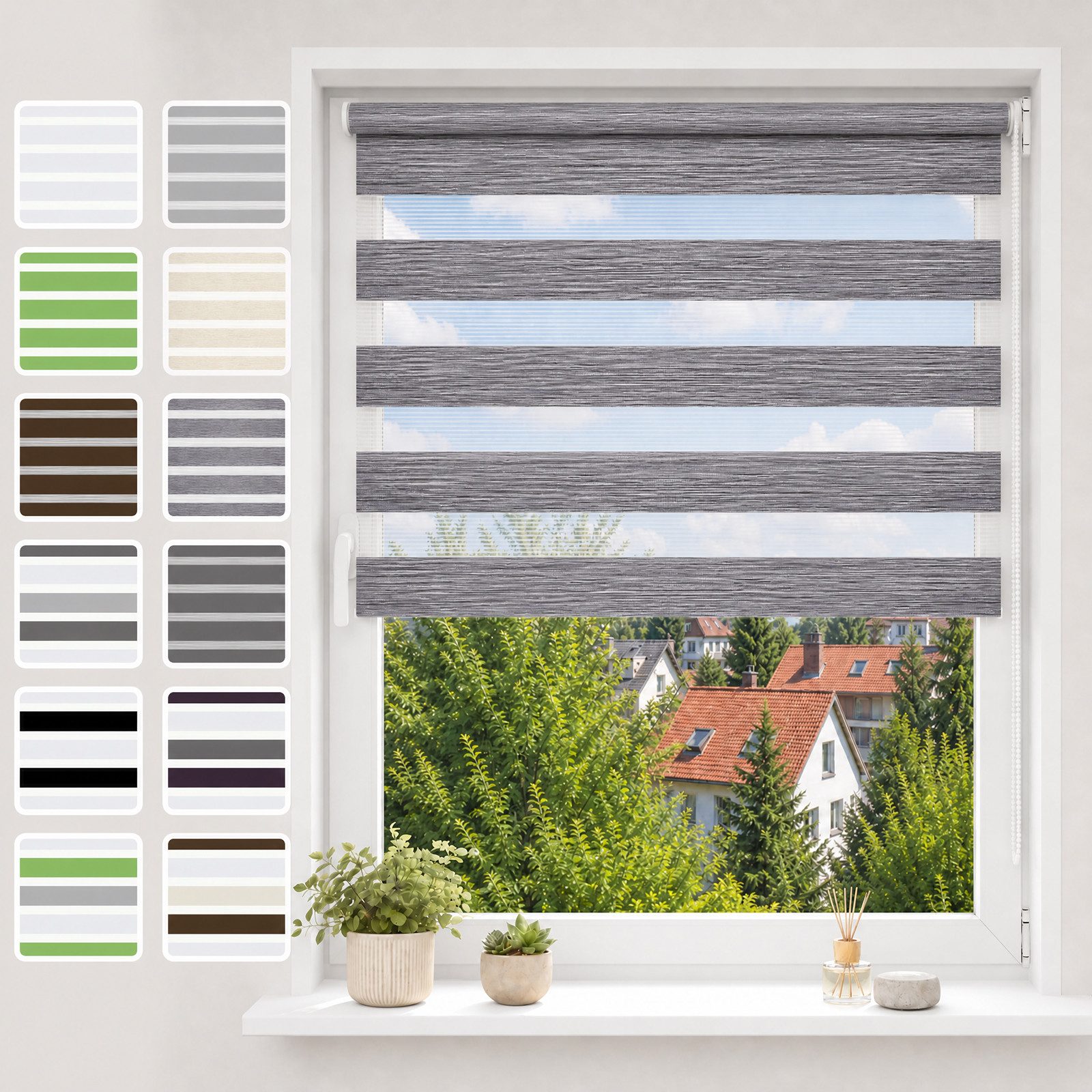 Doppelrollo ohne Bohren, Weiß-Beige-Braun/Weiß-Grau-Anthrazit, OUBO, Lichtdurchlässig Rollo für Fenster & Tür, Klemmfix, Klemmträger, Lichtschutz schnelle und einfache Montage mit beiliegendem