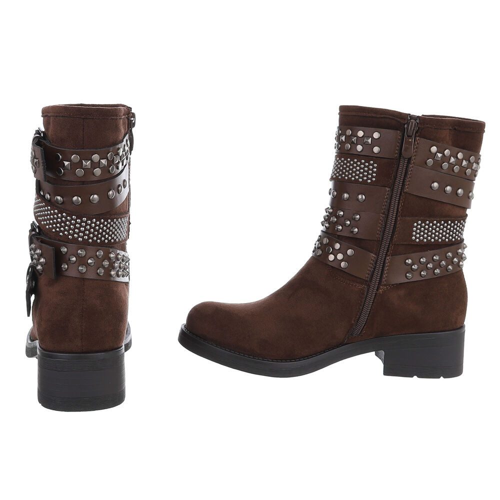 Ital-Design Rebellische Damen Boots mit Nieten und Riemen Stiefelette (90726809) Blockabsatz Western- & Bikerboots in Braun