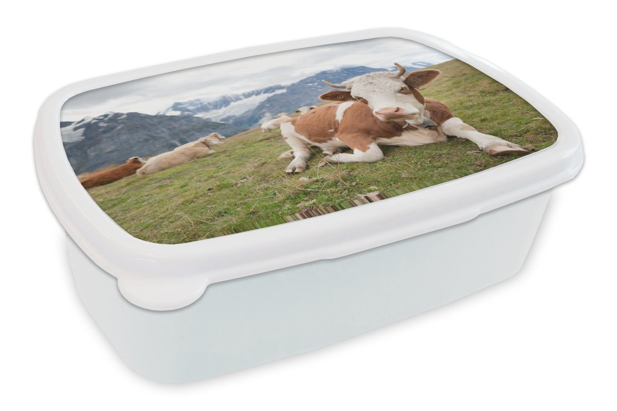 MuchoWow Lunchbox Kühe - Wiese - Alpen, Kunststoff, (2-tlg), Brotbox für Kinder und Erwachsene, Brotdose, für Jungs und Mädchen weiß