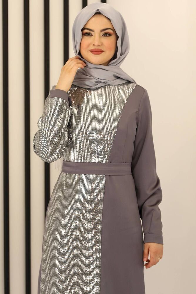 Modavitrini Paillettenkleid Damen Abendkleid Kleid Fashion Anthrazit silbernes Hijabmode Pailletten, Modest Abiye Silber