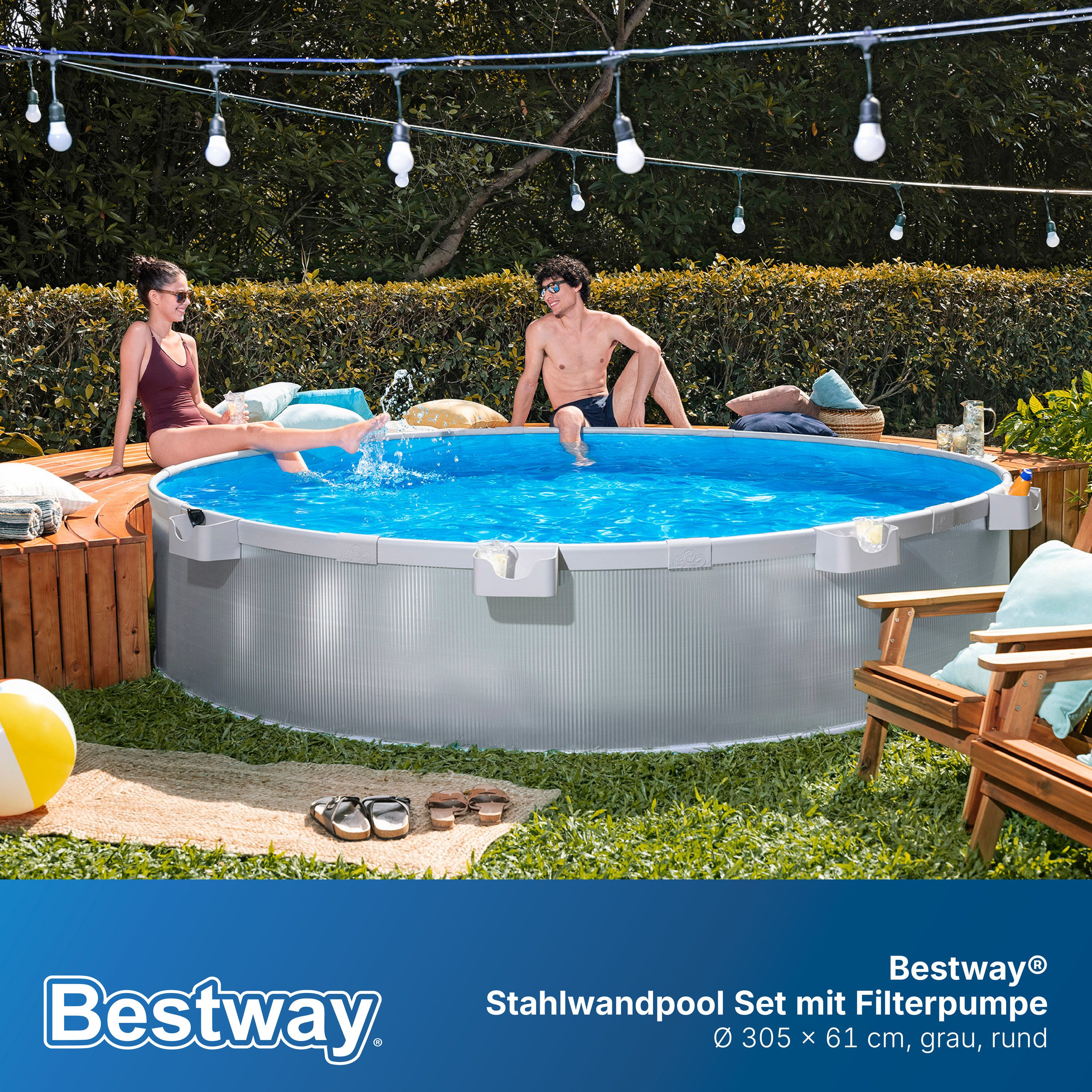 Bestway Pool Ø 305 x 61 cm (Set, Inkl. Filterpumpe, Abdeckplane), 365 Tage aufstellfähig